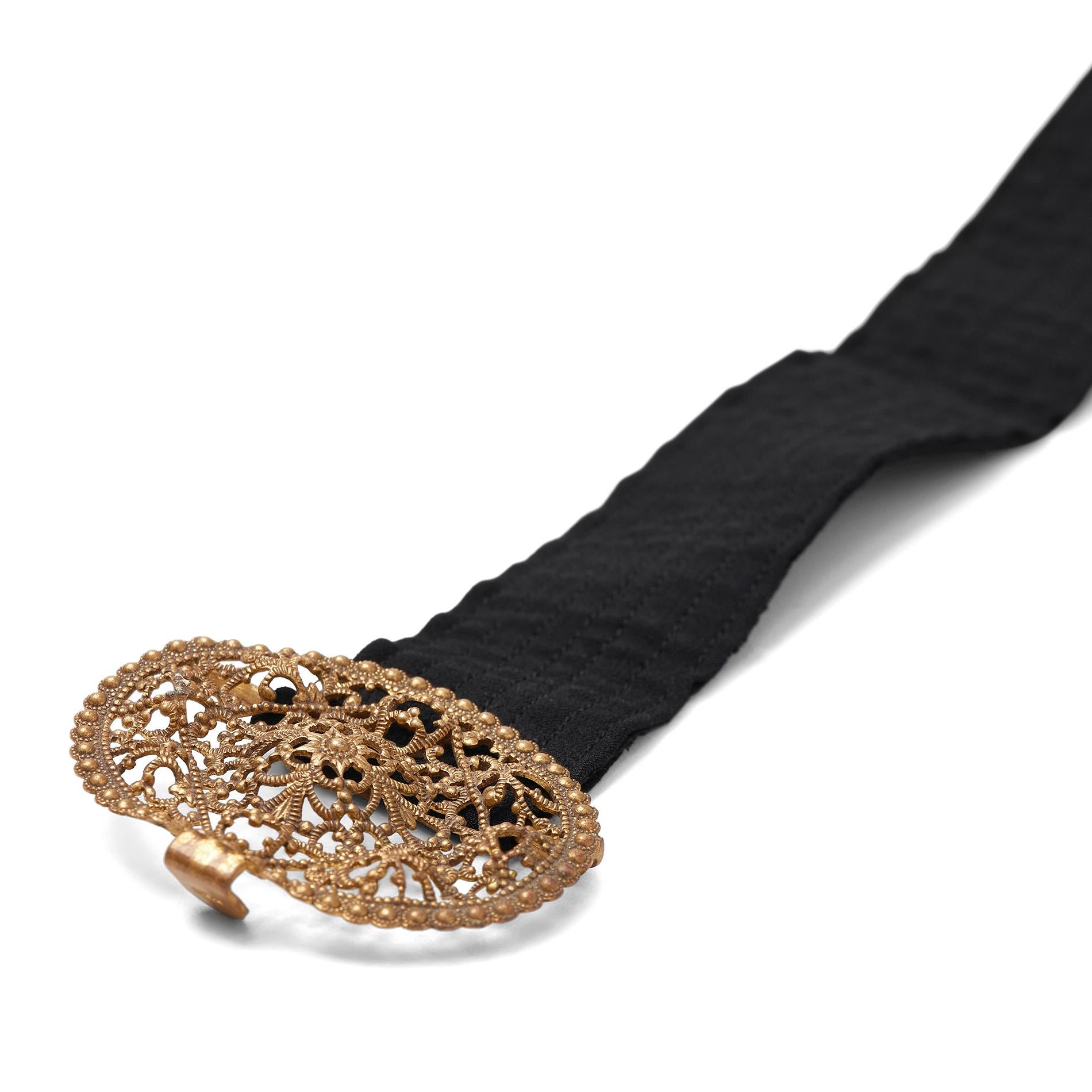 Women's 1920s French Filigree Buckle and Black Fabric Belt For Sale