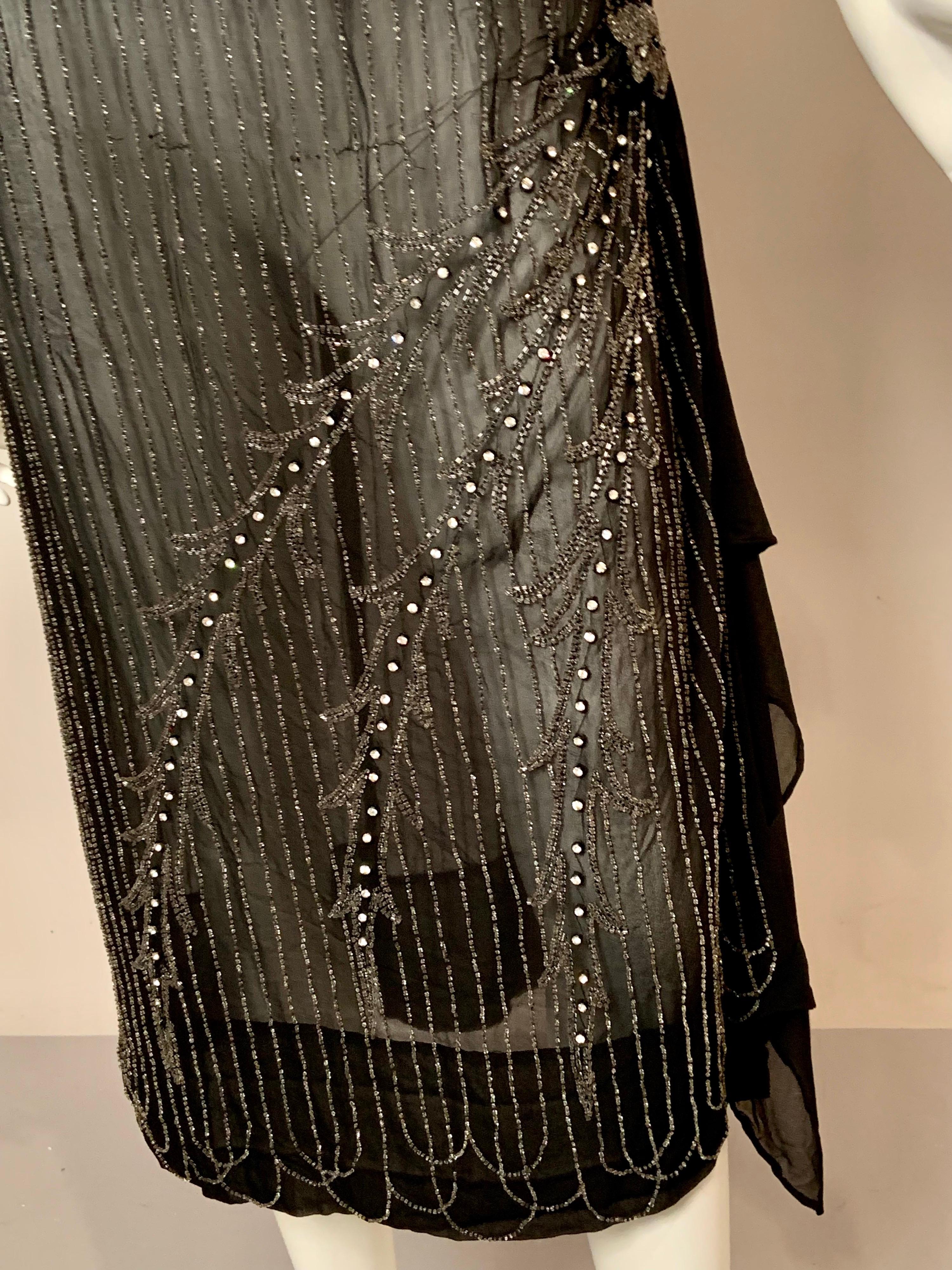 1920's French Flapper Dress  Black Silk with Sparkling Beadwork In Good Condition For Sale In New Hope, PA