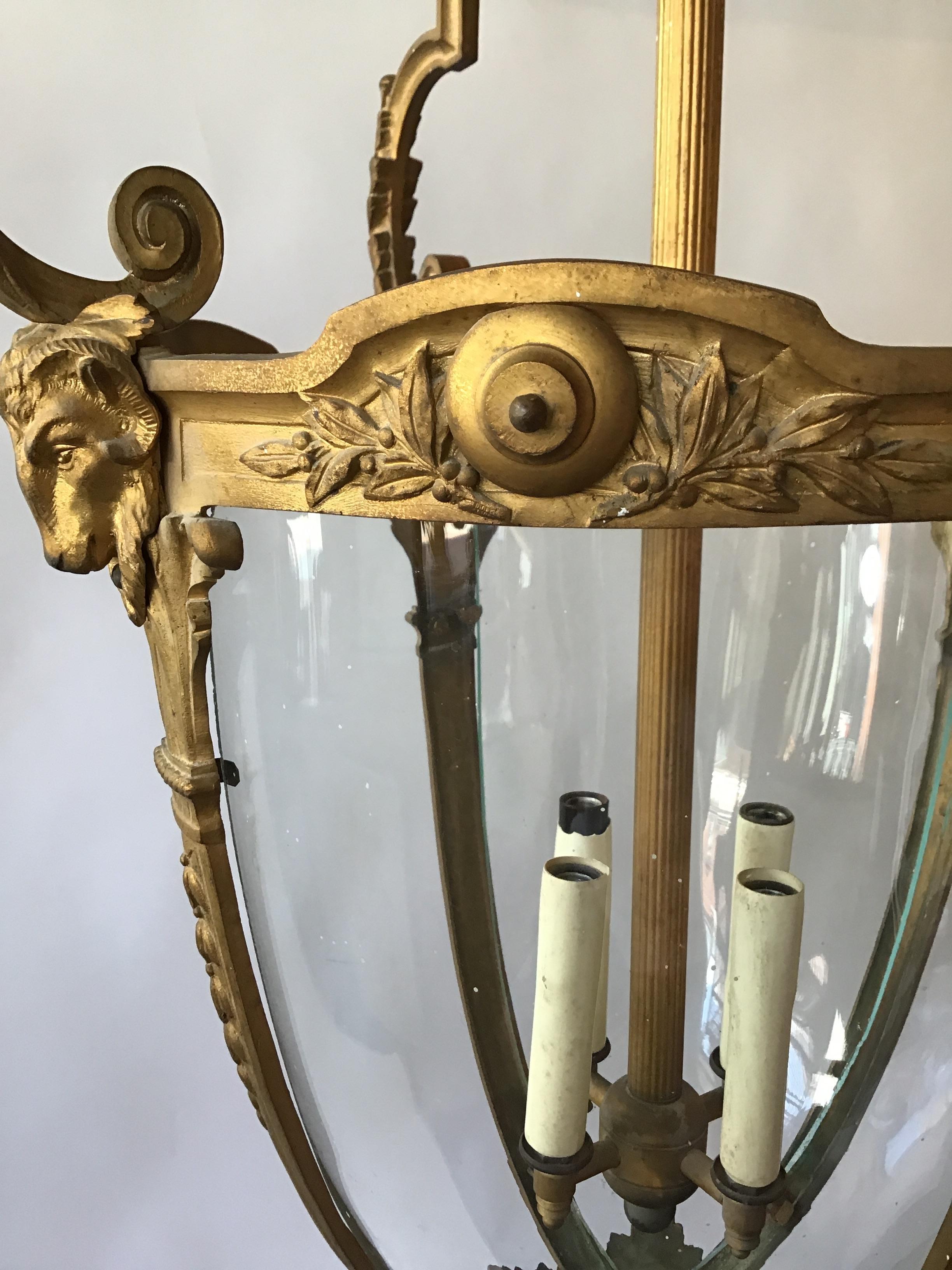 1920s French Gilt Bronze Rams Head Lantern 10