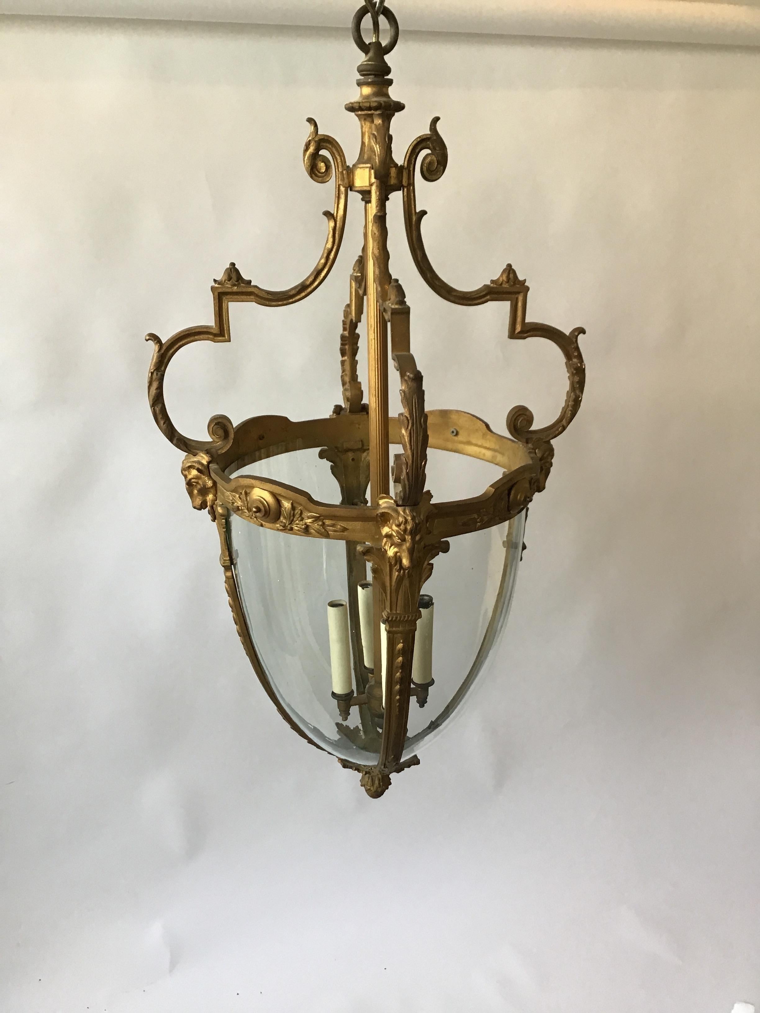 Early 20th Century 1920s French Gilt Bronze Rams Head Lantern