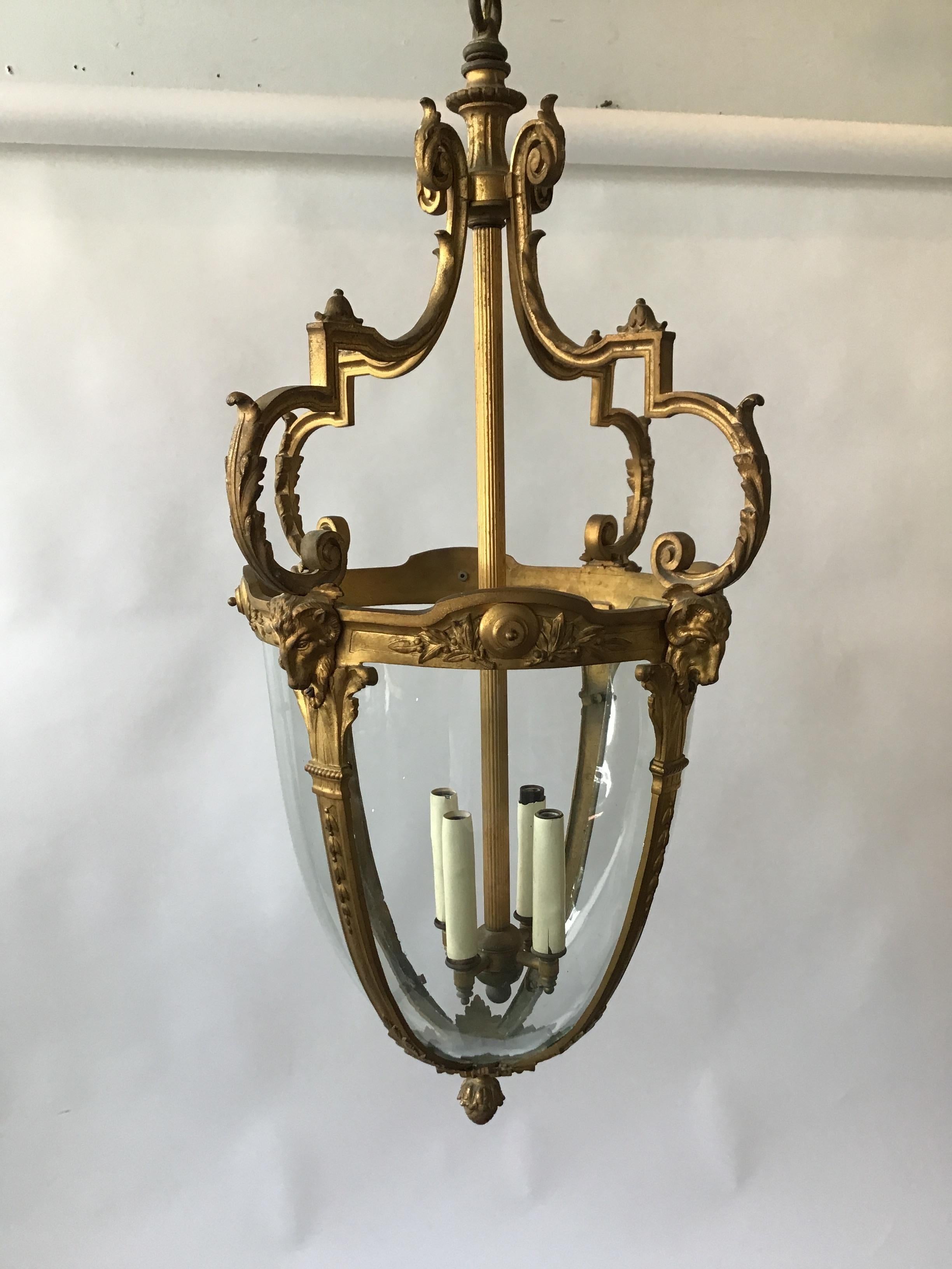 1920s French Gilt Bronze Rams Head Lantern 3