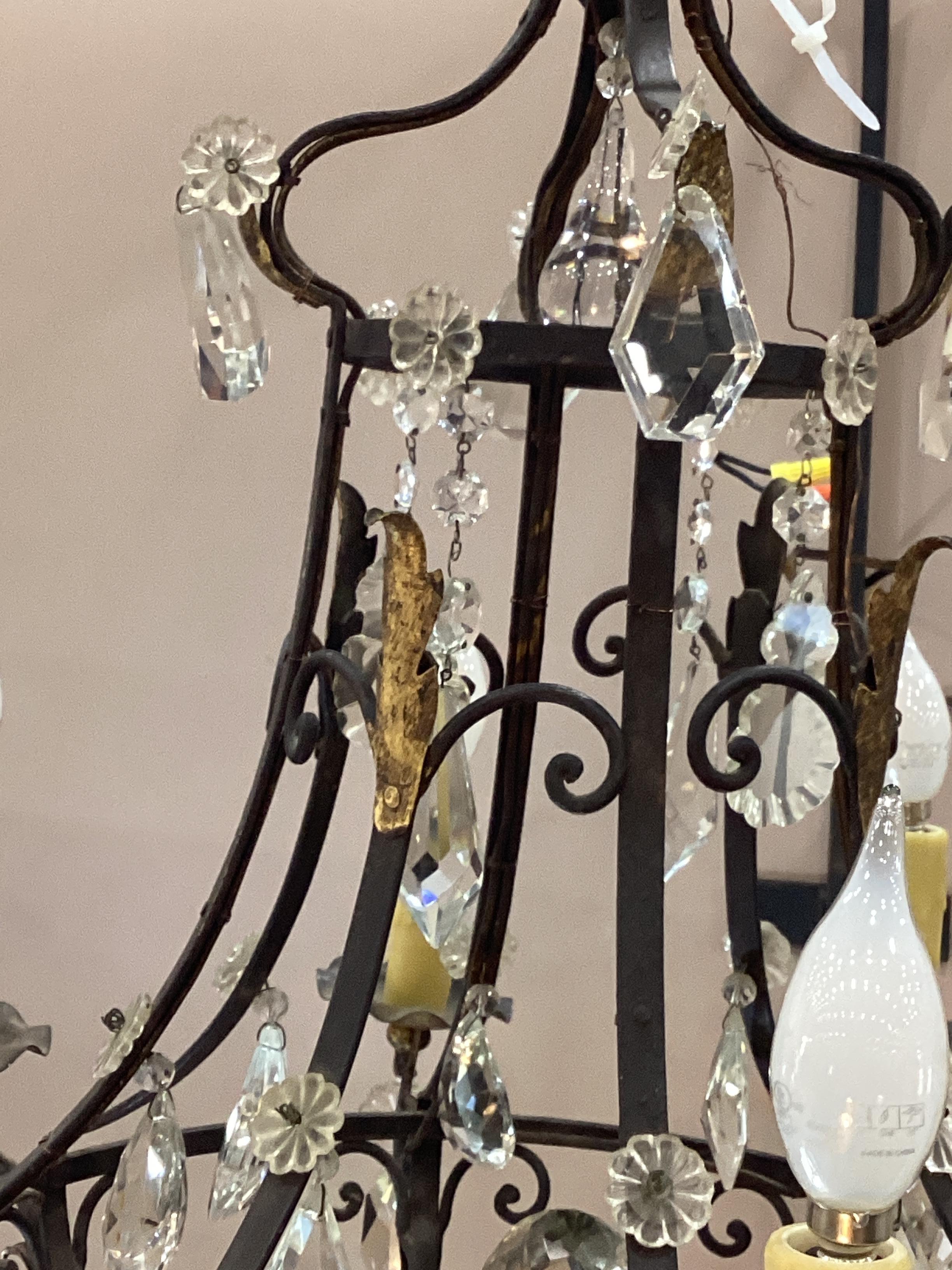 1920’s French Gilt Iron and Crystal Chandelier  In Good Condition For Sale In Chapel Hill, NC