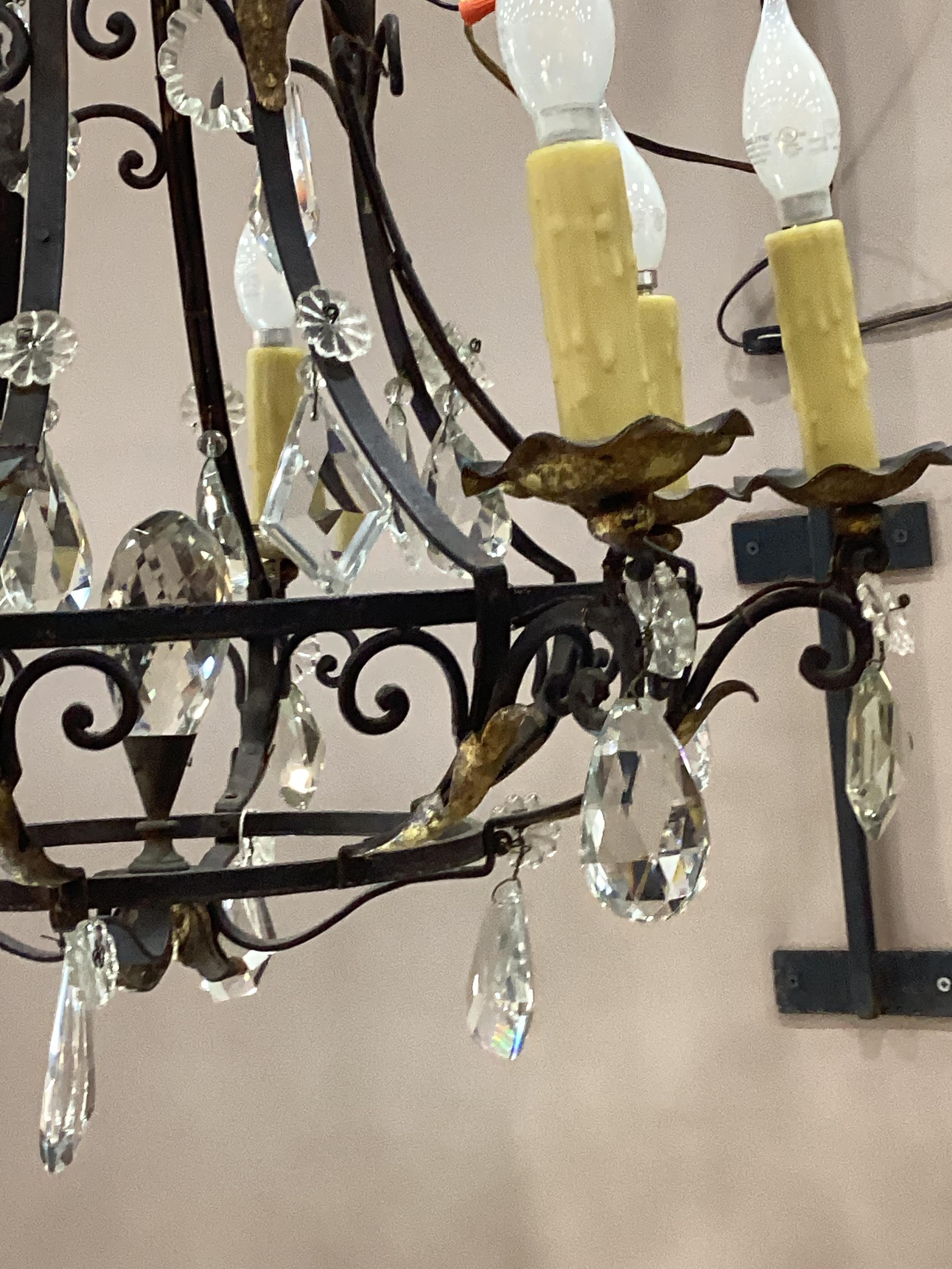 1920’s French Gilt Iron and Crystal Chandelier  For Sale 4