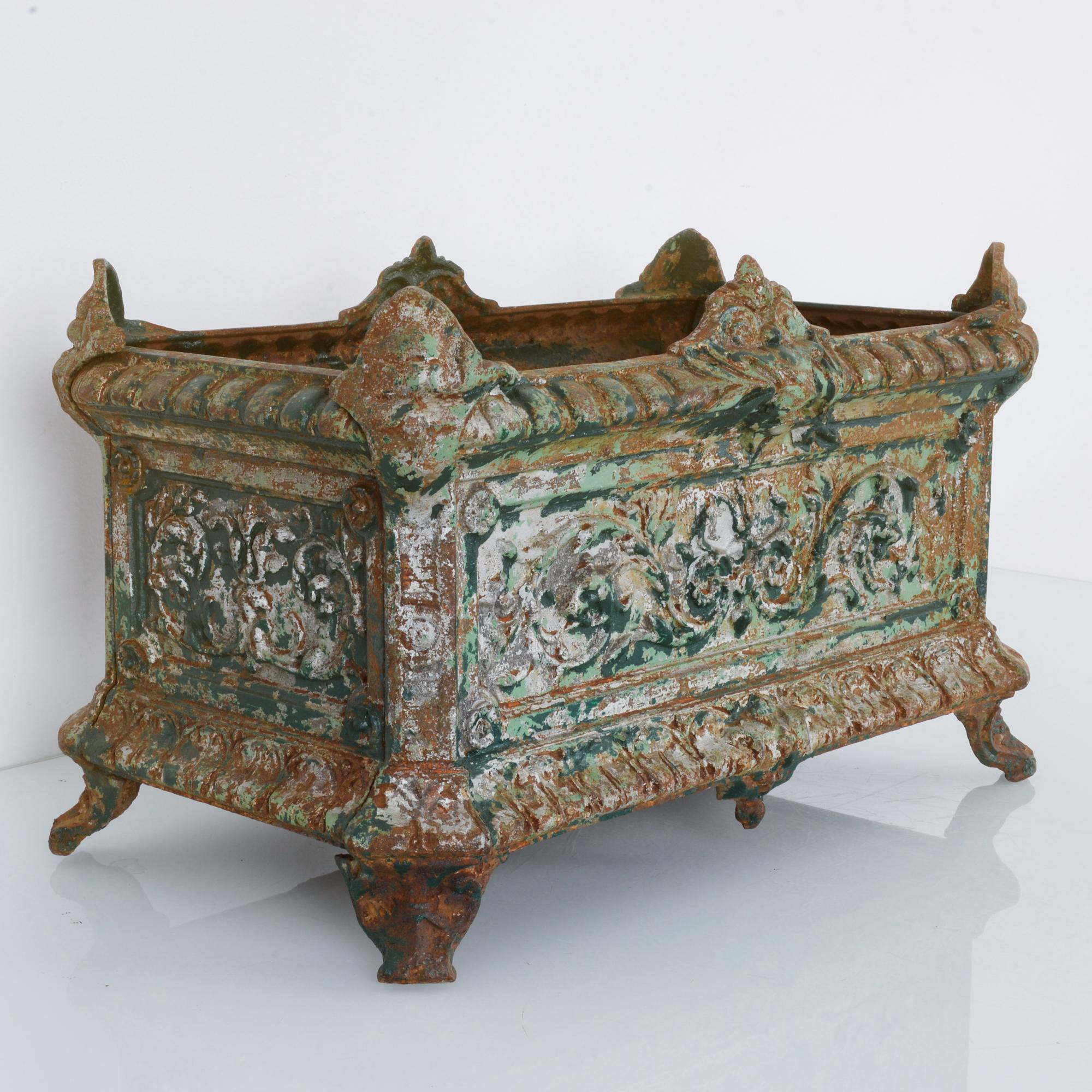 French Provincial 1920s French Gothic Green Oxidized Cast Iron Planter