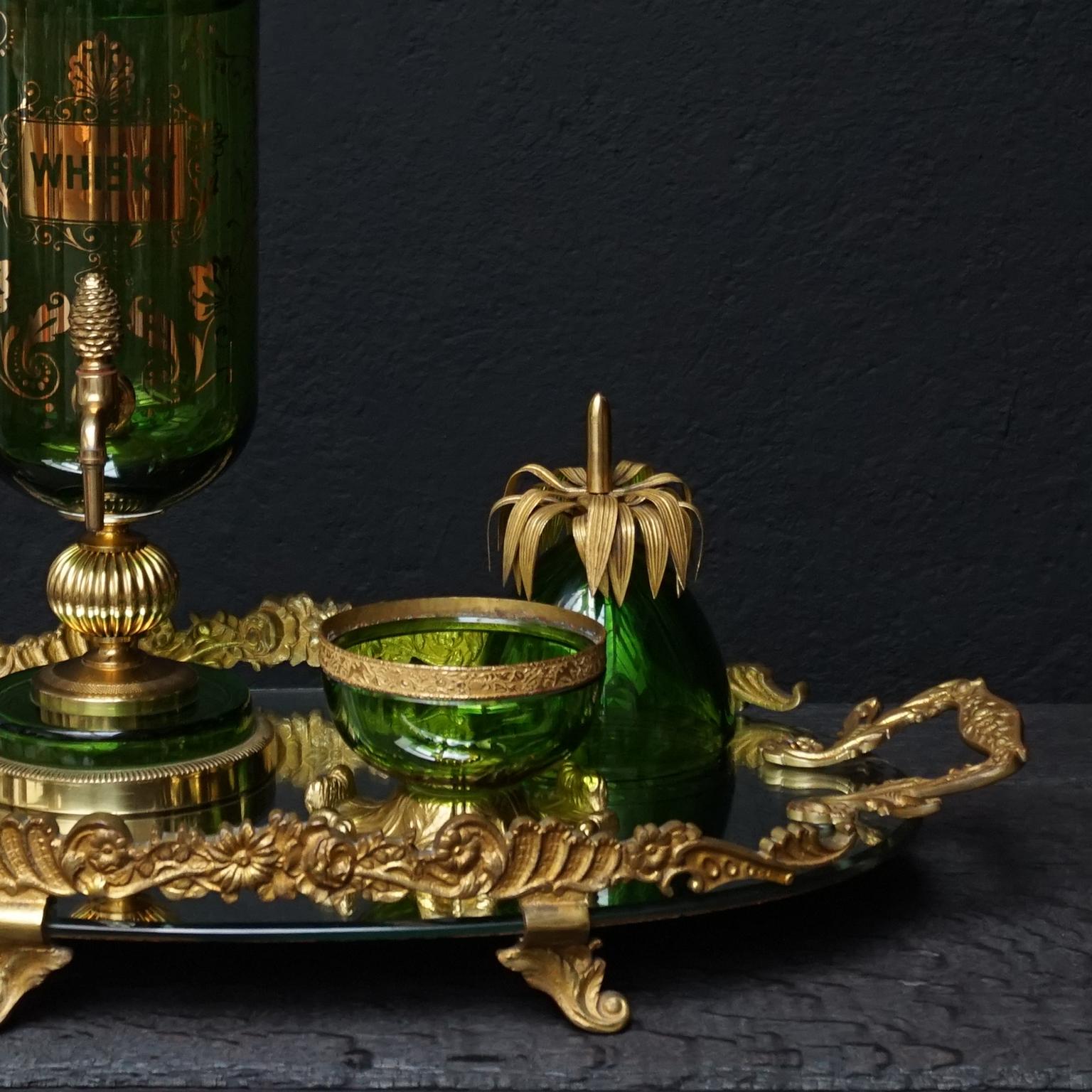 Hollywood Regency 1920s French Green Glass Bar Set on Mirror Tray, Pineapple Bowl and Whisky Tap For Sale