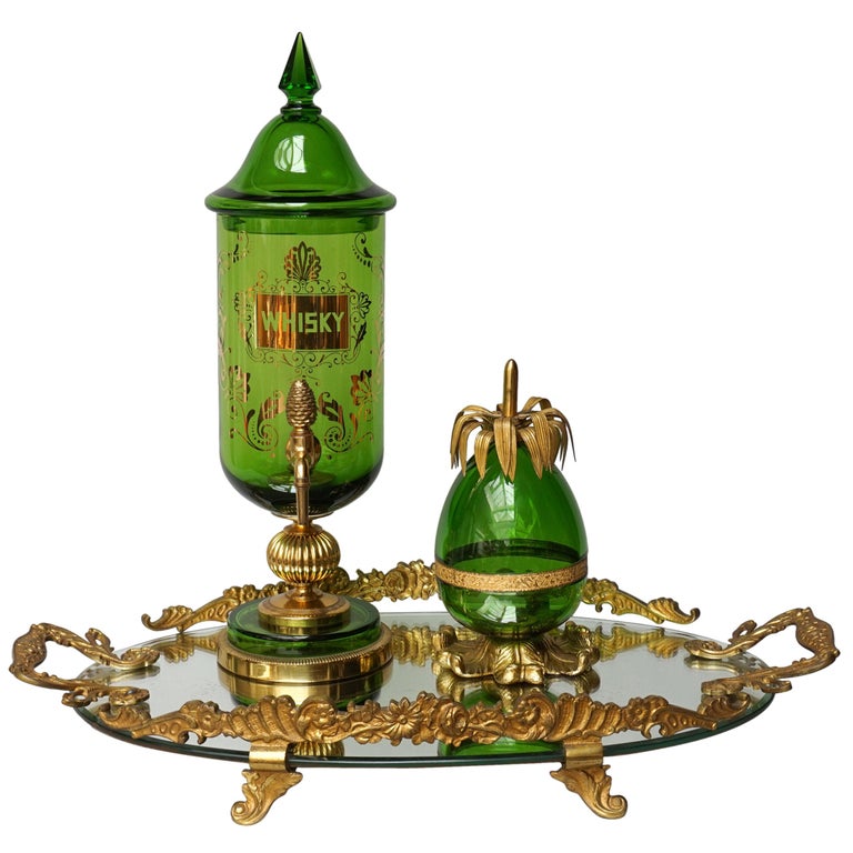 1920s French Green Glass Bar Set On Mirror Tray Pineapple Bowl Glass Bar Set On Mirror Tray