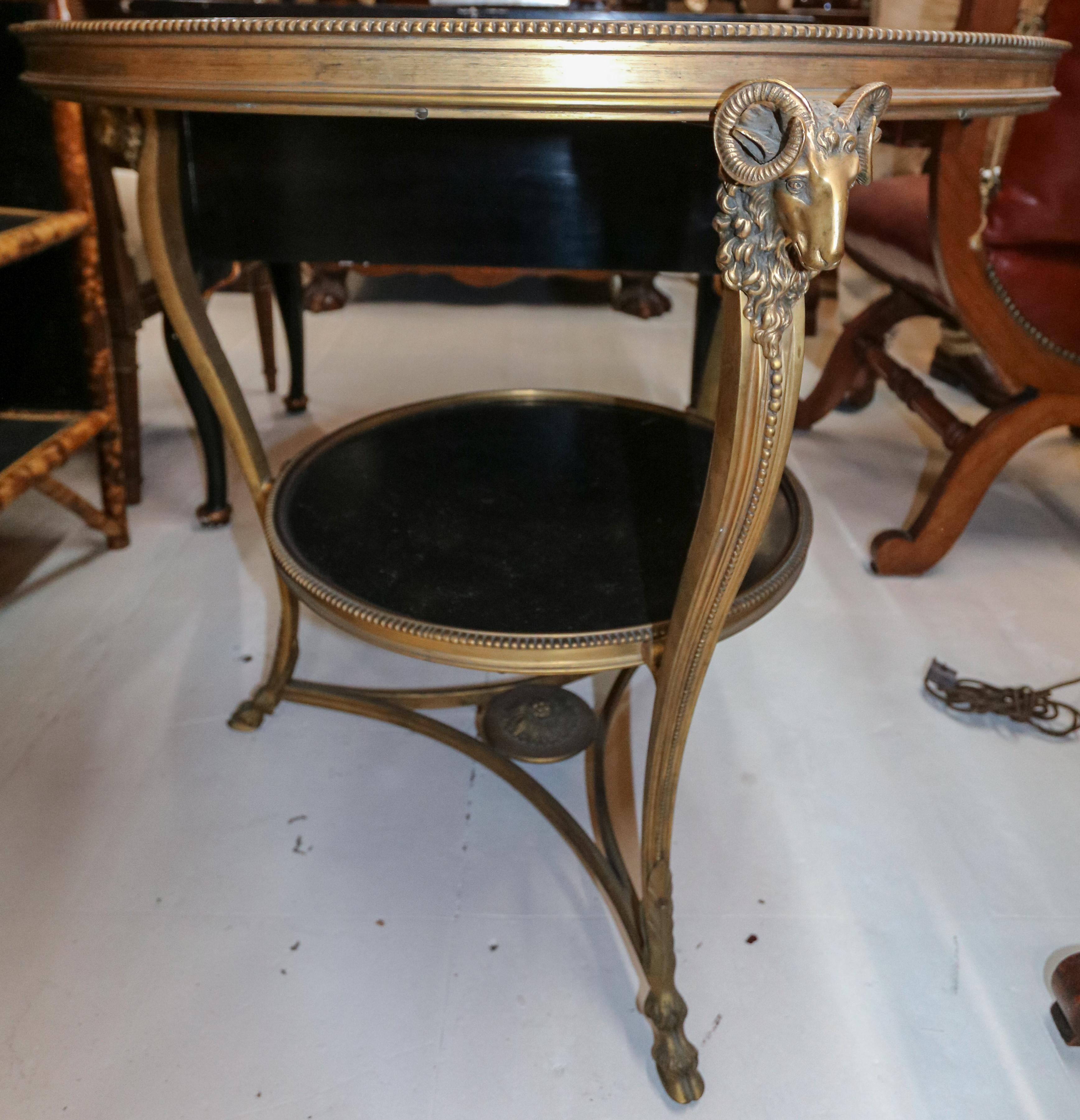 Gilt 1920s French Gueridon Side Table with Ram's Head Details and Marble Top