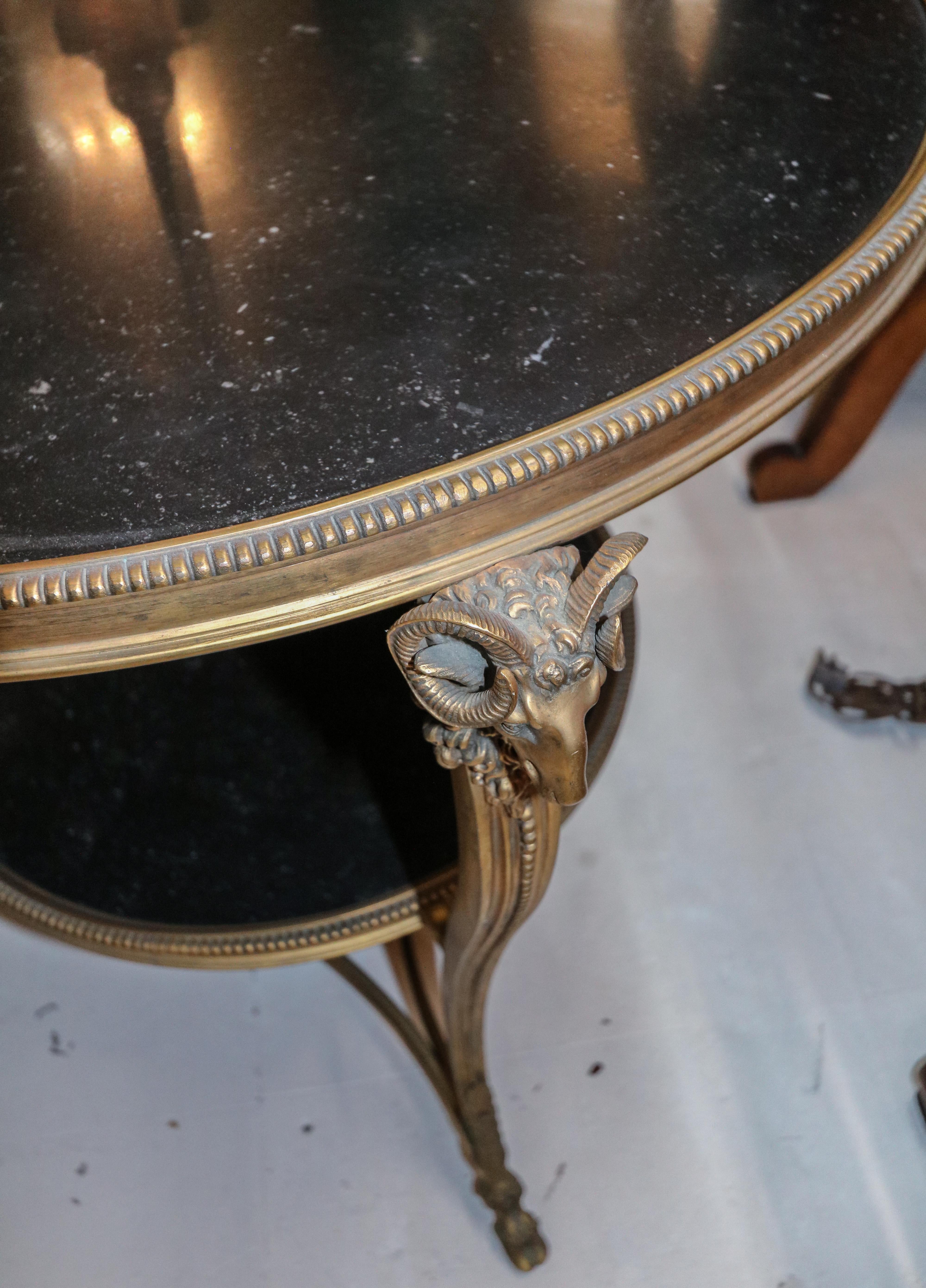 Bronze 1920s French Gueridon Side Table with Ram's Head Details and Marble Top