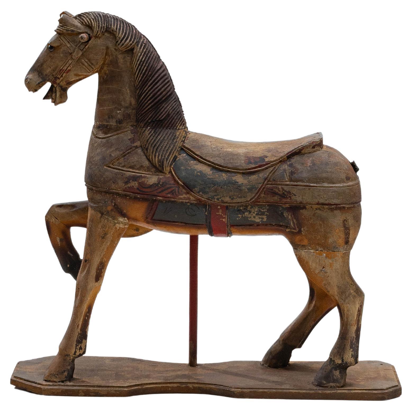 1920s French Hand-Carved Wooden Carousel Horse
