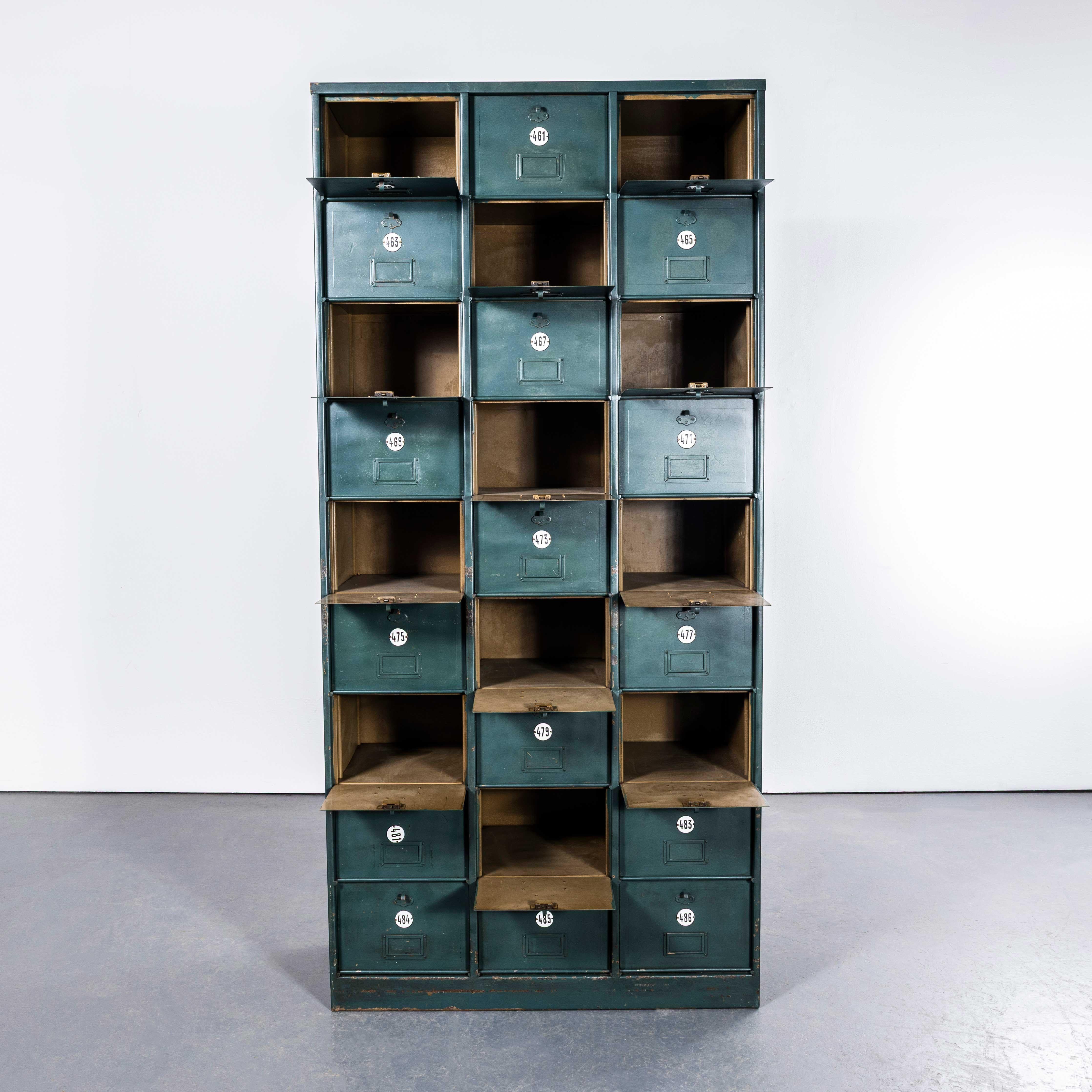 1920's French Industrial Metal Cabinet Dark Green - Twenty Seven Klappets In Good Condition For Sale In Hook, Hampshire