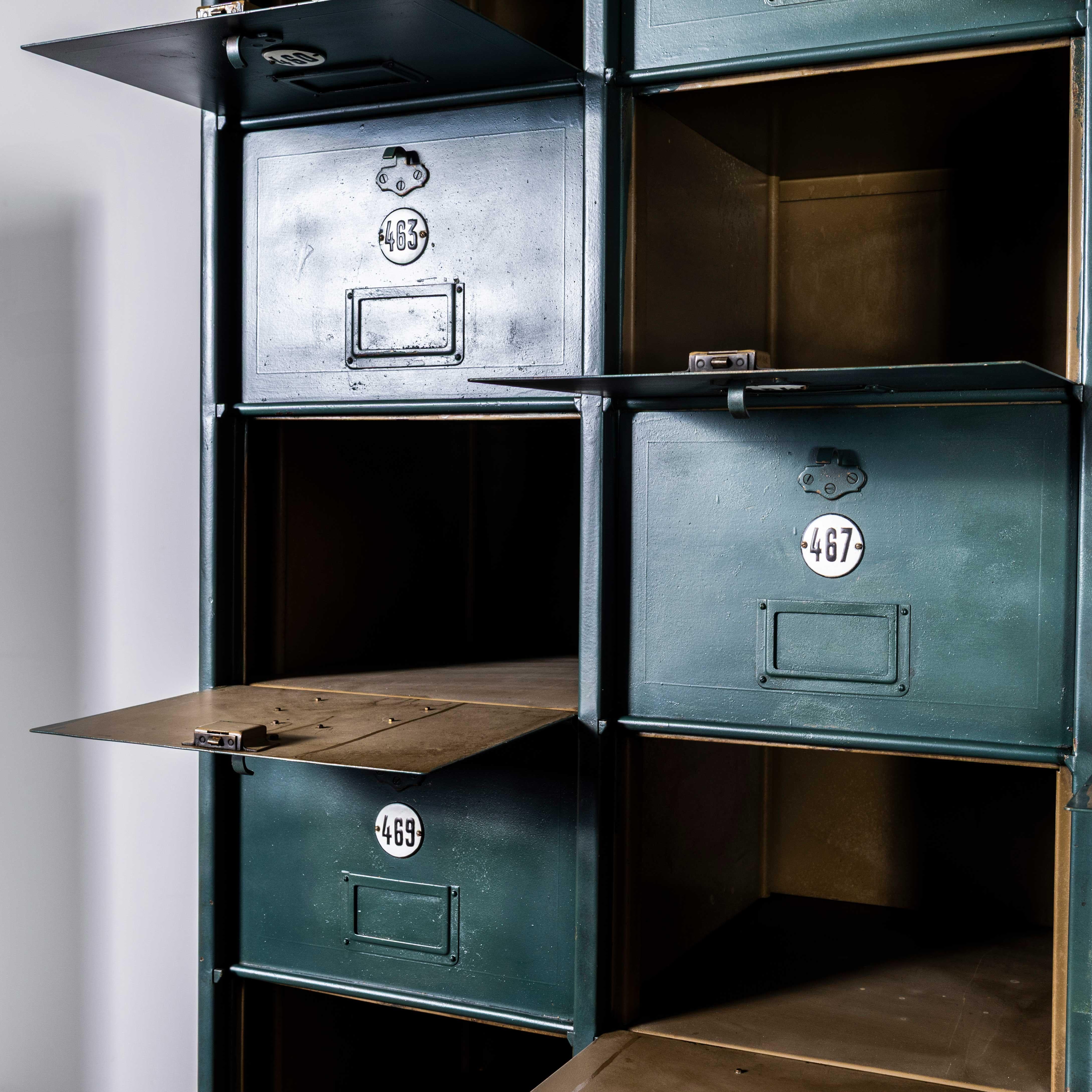 Early 20th Century 1920's French Industrial Metal Cabinet Dark Green - Twenty Seven Klappets For Sale