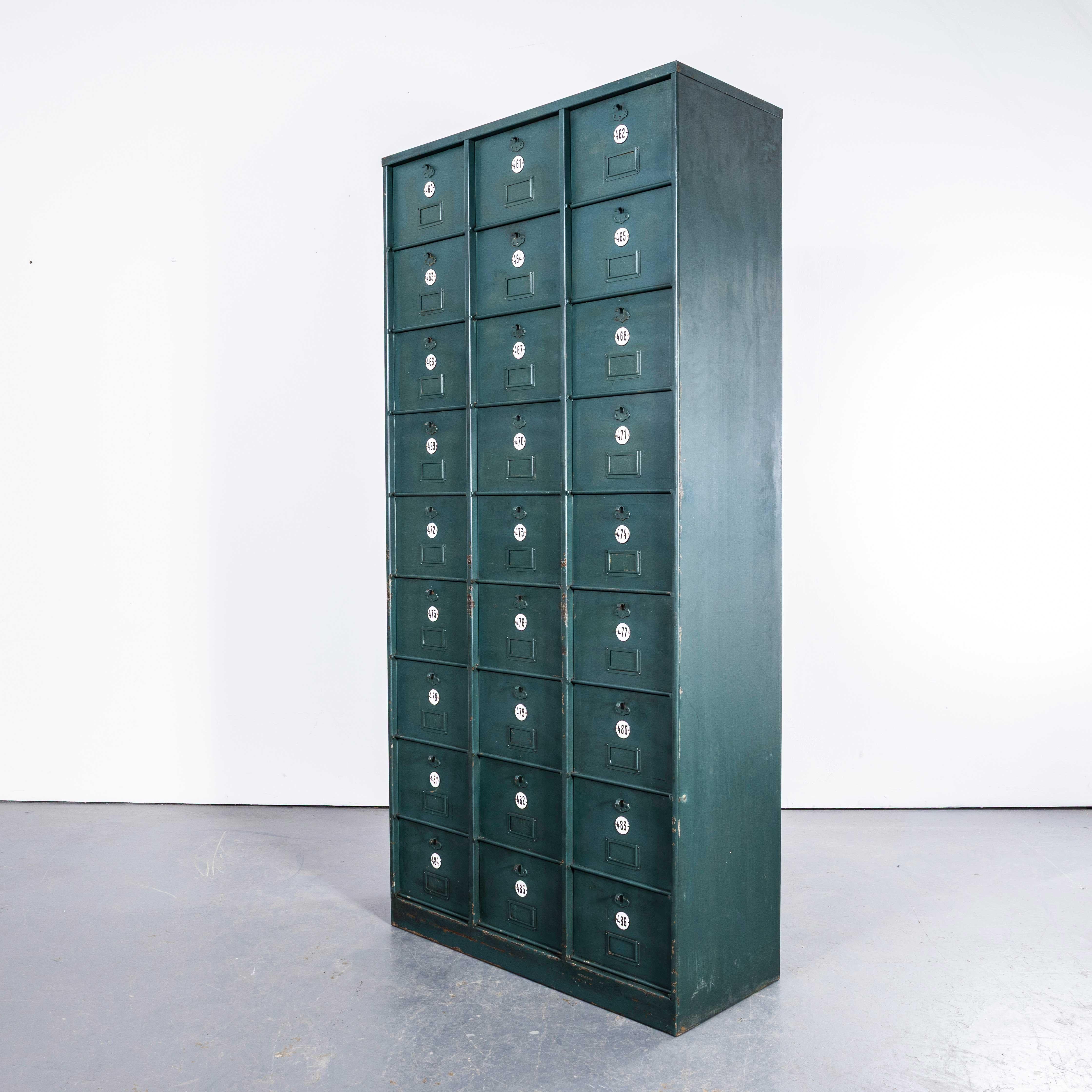 1920's French Industrial Metal Cabinet Dark Green - Twenty Seven Klappets For Sale 4