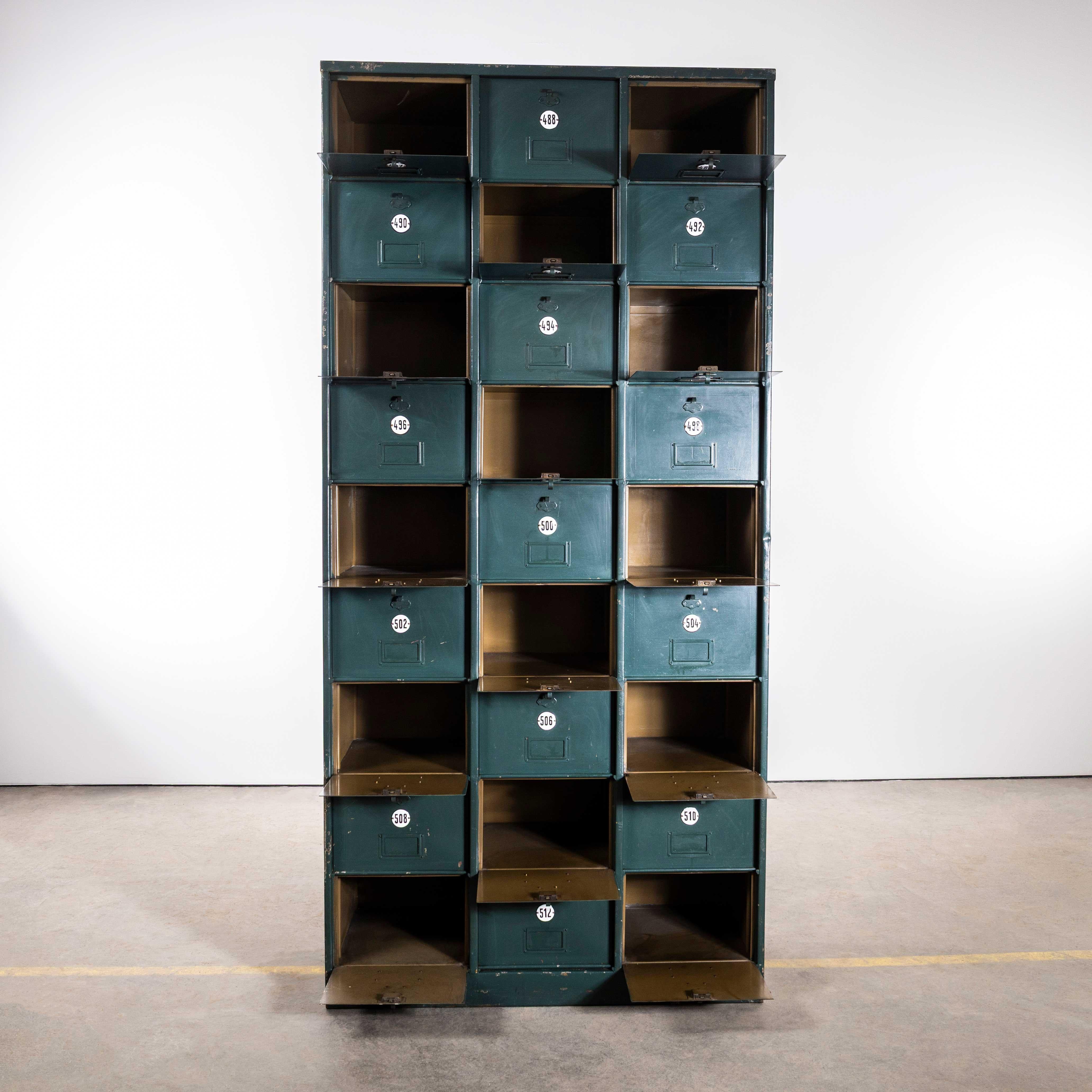 1920's French Industrial Metal Cabinet Dark Green - Twenty Seven Klappets For Sale 4