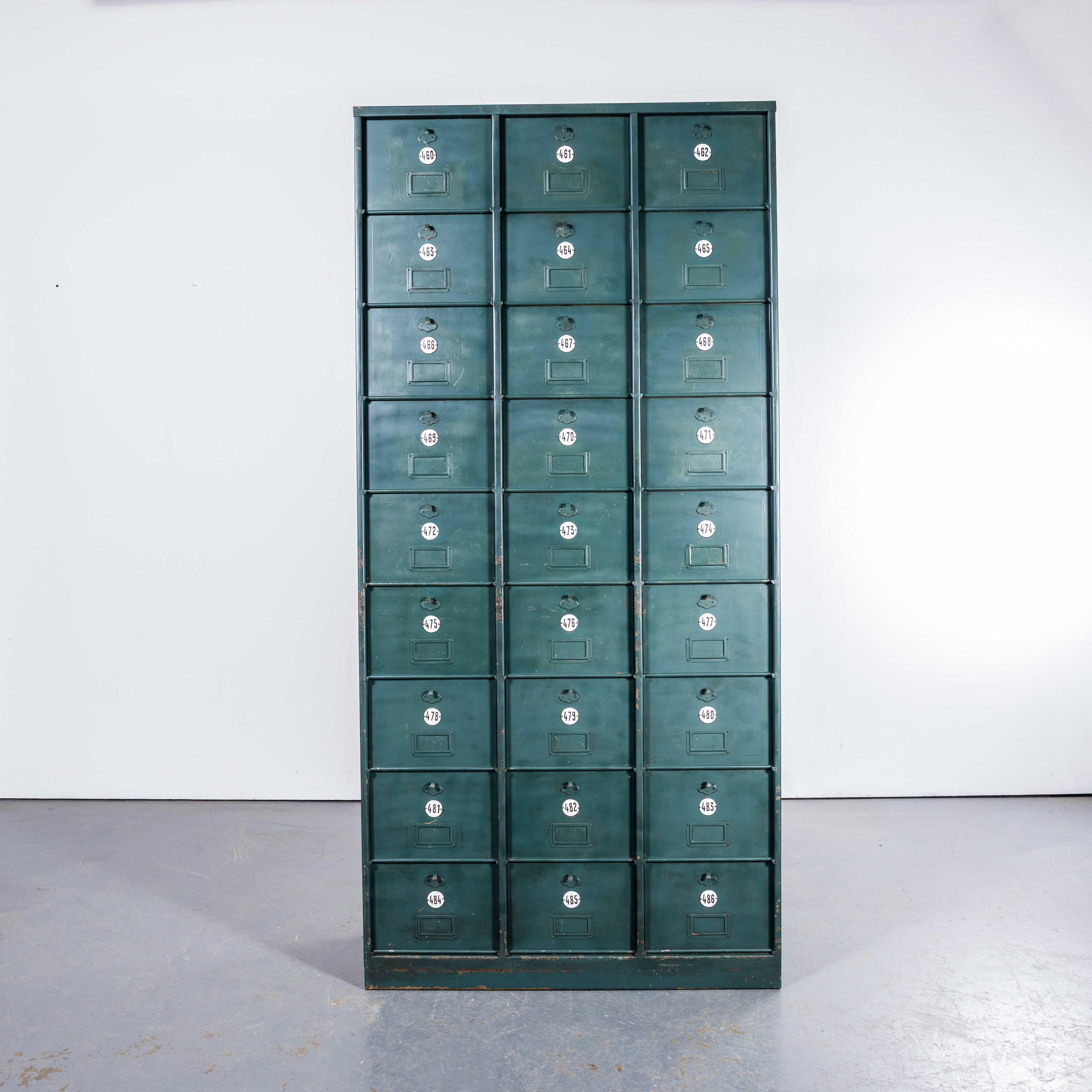 1920's French Industrial Metal Cabinet Dark Green - Twenty Seven Klappets For Sale