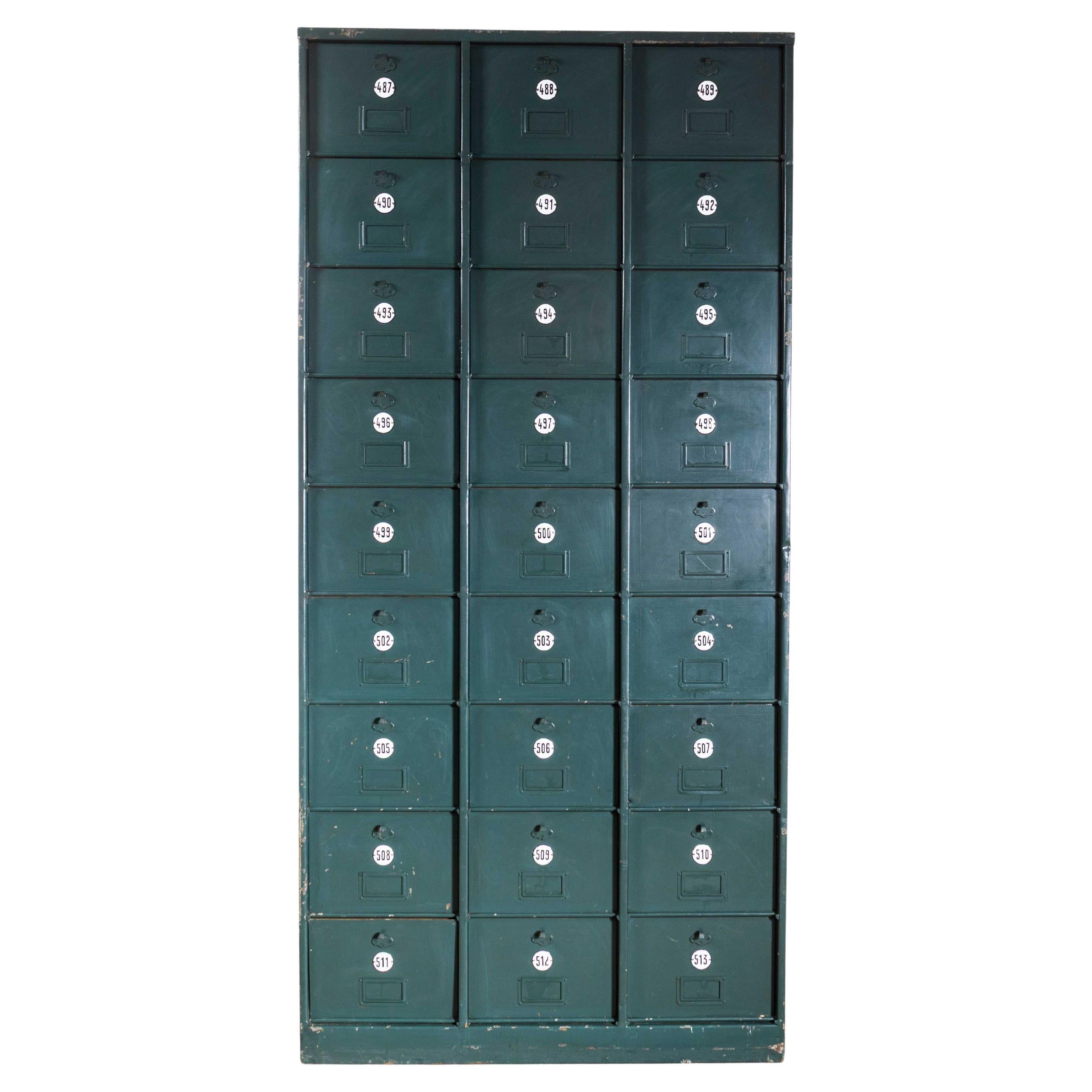1920's French Industrial Metal Cabinet Dark Green - Twenty Seven Klappets For Sale