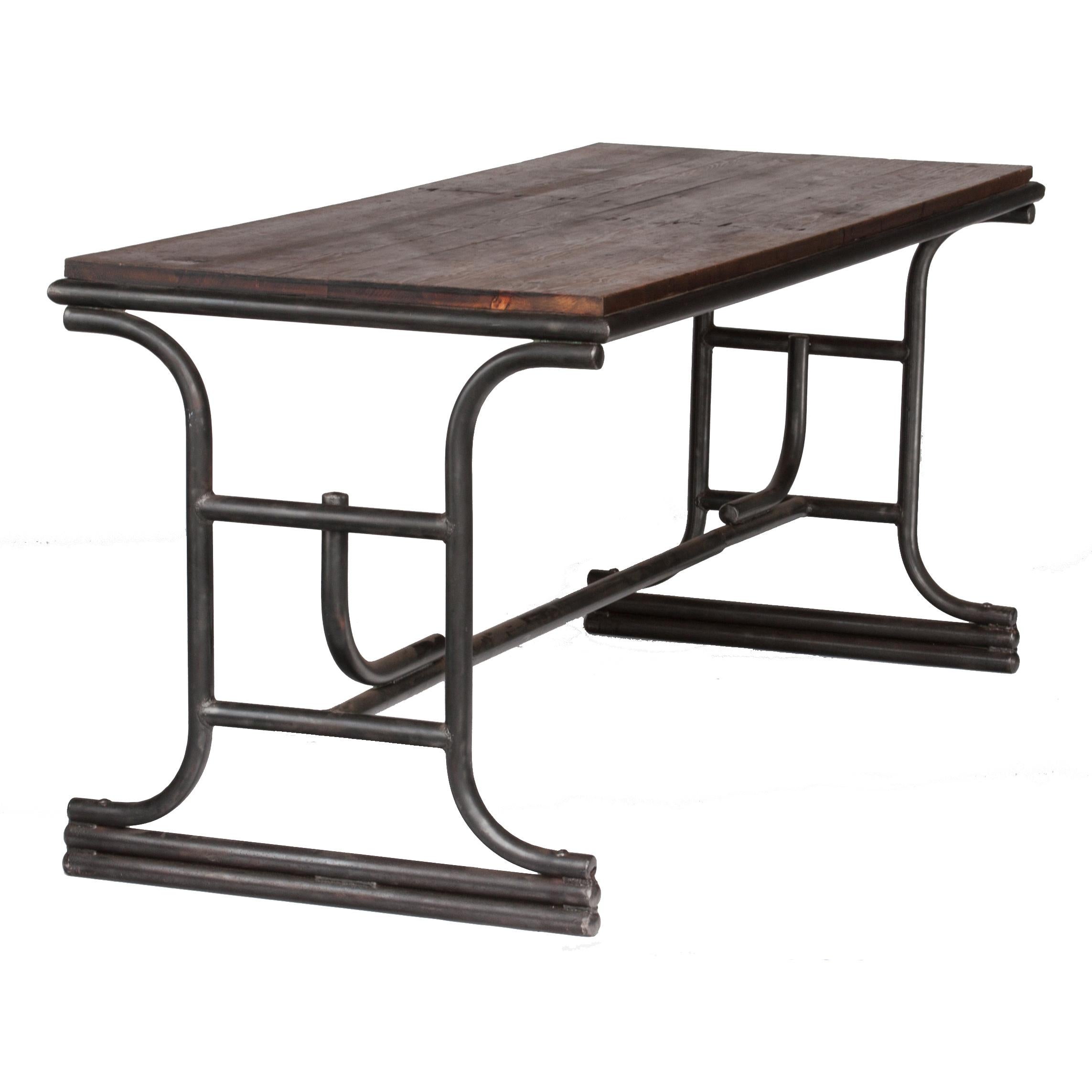1920s French Industrial Metal Table with Wood Top