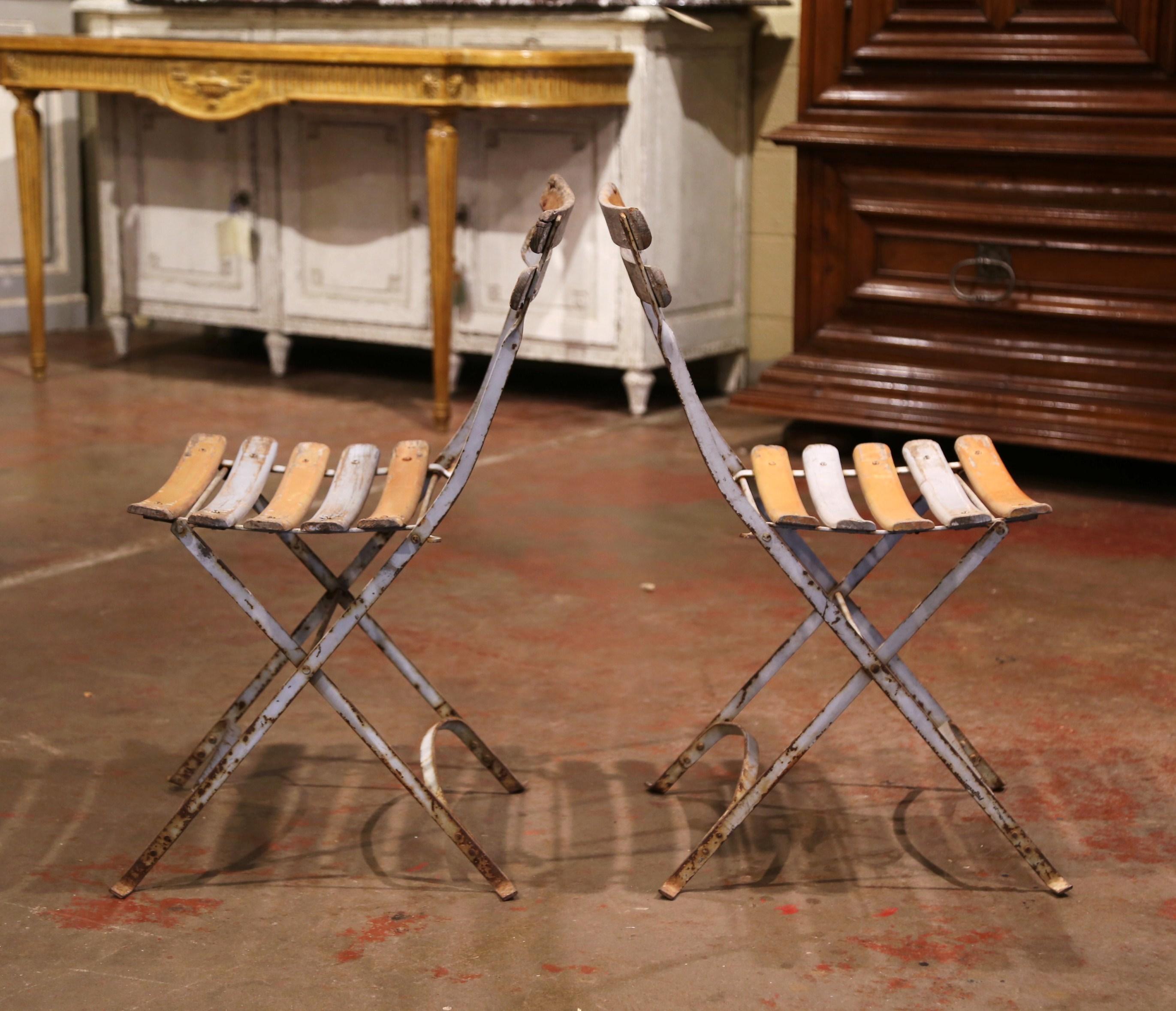 1920s French Iron and Wood Painted Folding Bistrot Chairs, Set of Ten 6