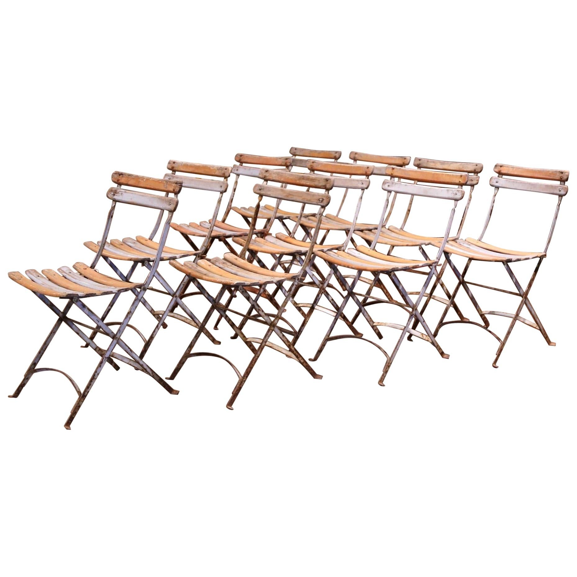 1920s French Iron and Wood Painted Folding Bistrot Chairs, Set of Ten