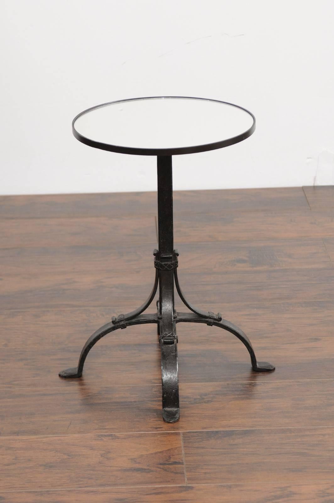 1920s French Iron Base Drink Table with New Mirrored Top and Arched Feet 1