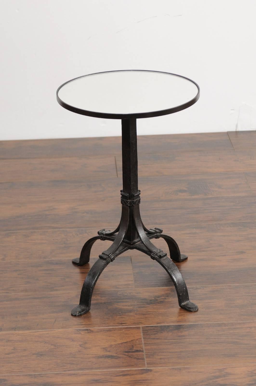 1920s French Iron Base Drink Table with New Mirrored Top and Arched Feet 2