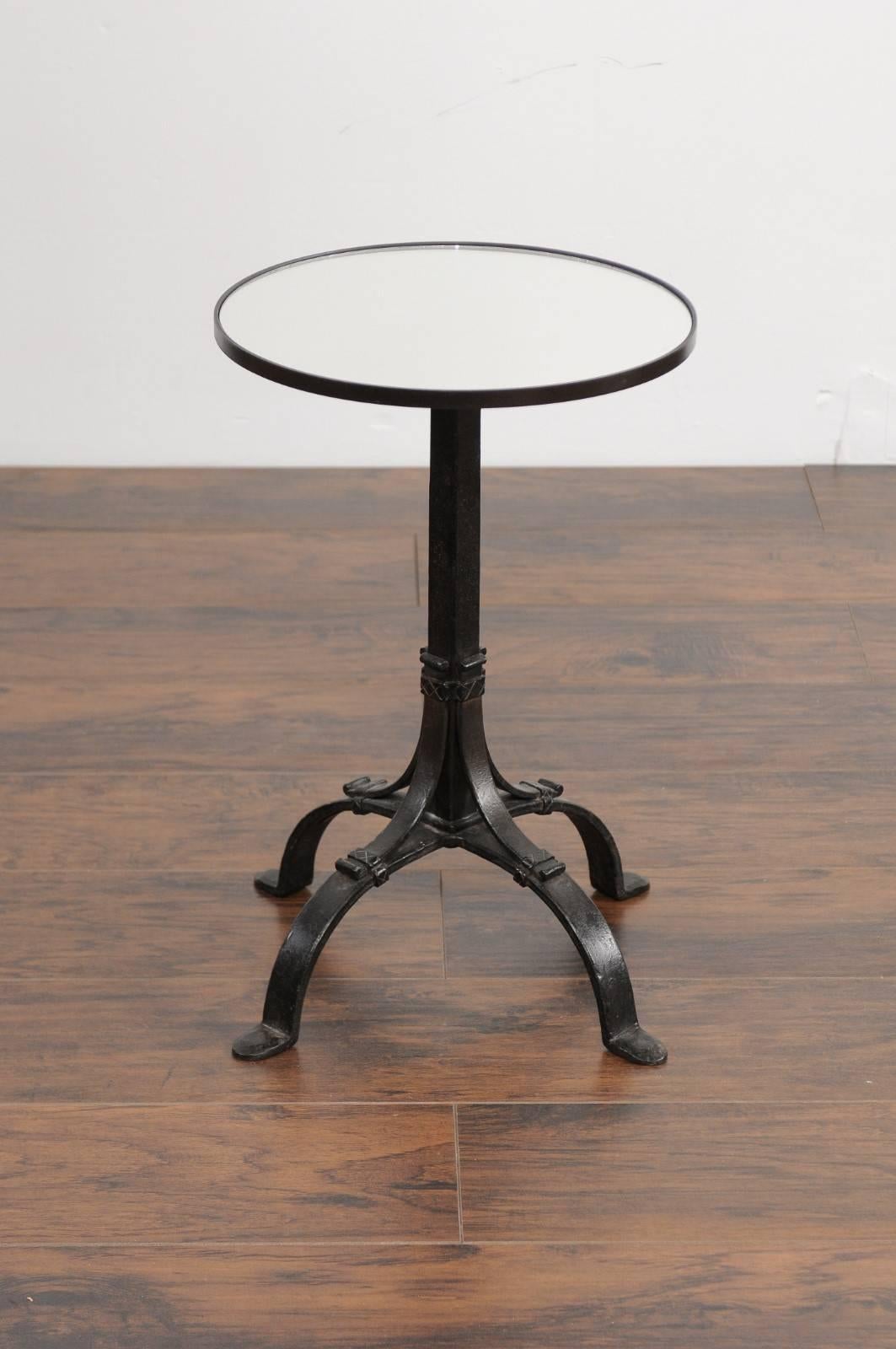 1920s French Iron Base Drink Table with New Mirrored Top and Arched Feet 3