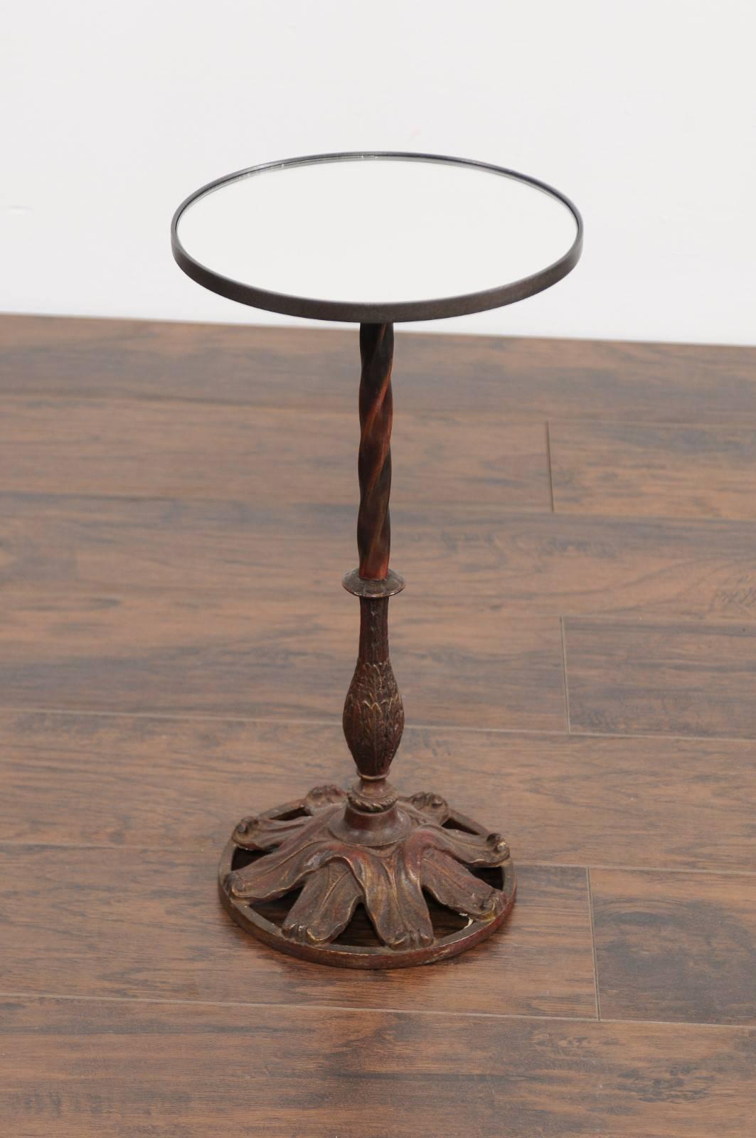 20th Century 1920s French Iron Round Drink Table with Pedestal Base, Foliage and Mirrored Top