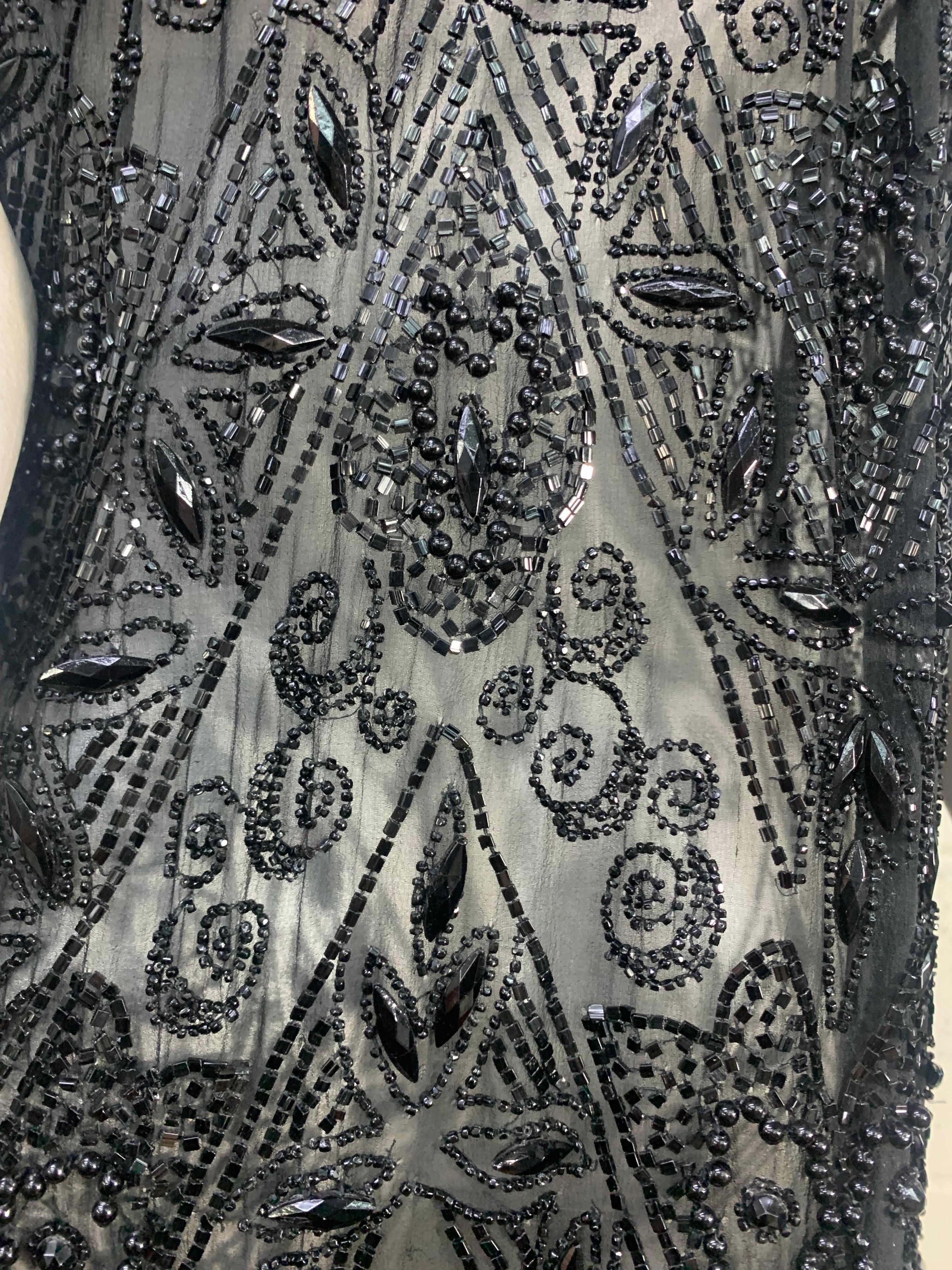 1920s French Jet Beaded Black Silk Chiffon Tunic Gown For Sale 7