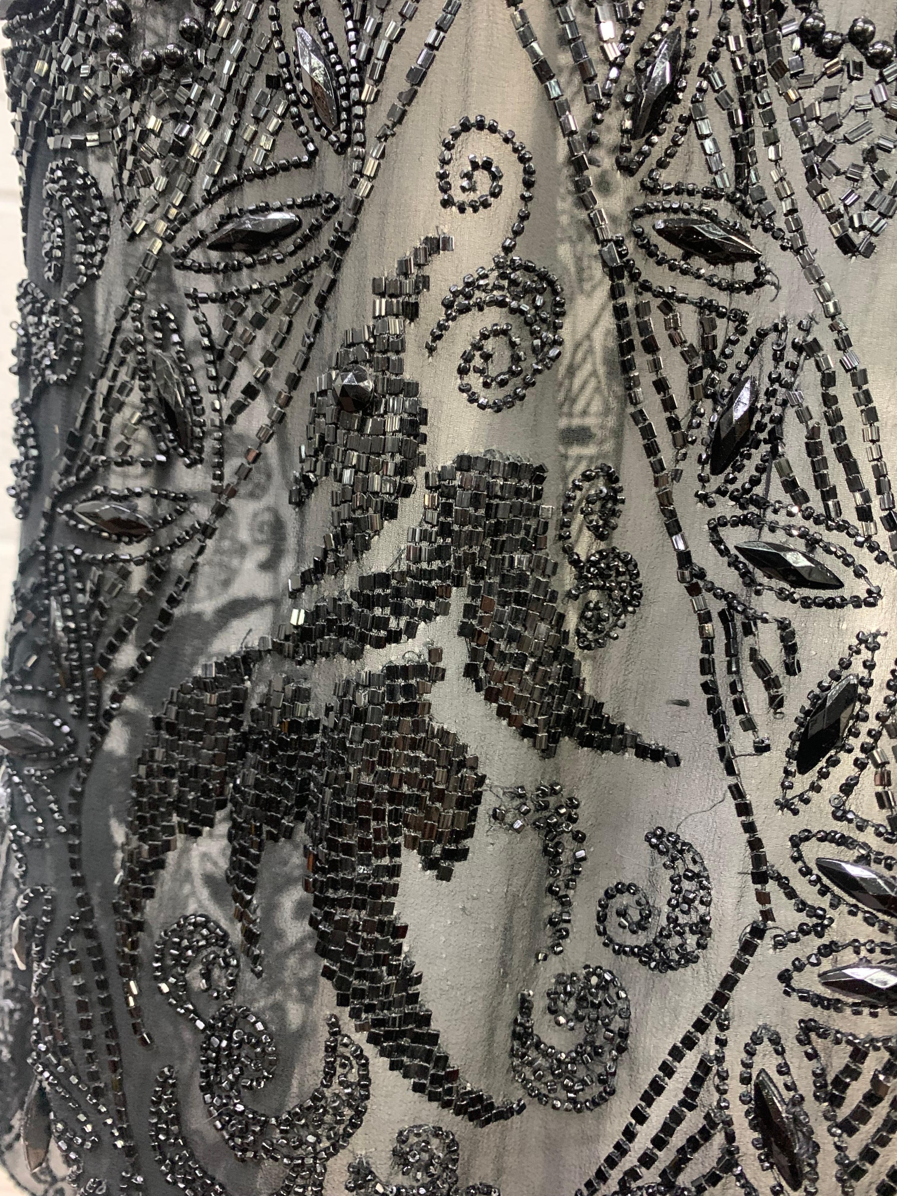1920s French Jet Beaded Black Silk Chiffon Tunic Gown For Sale 9