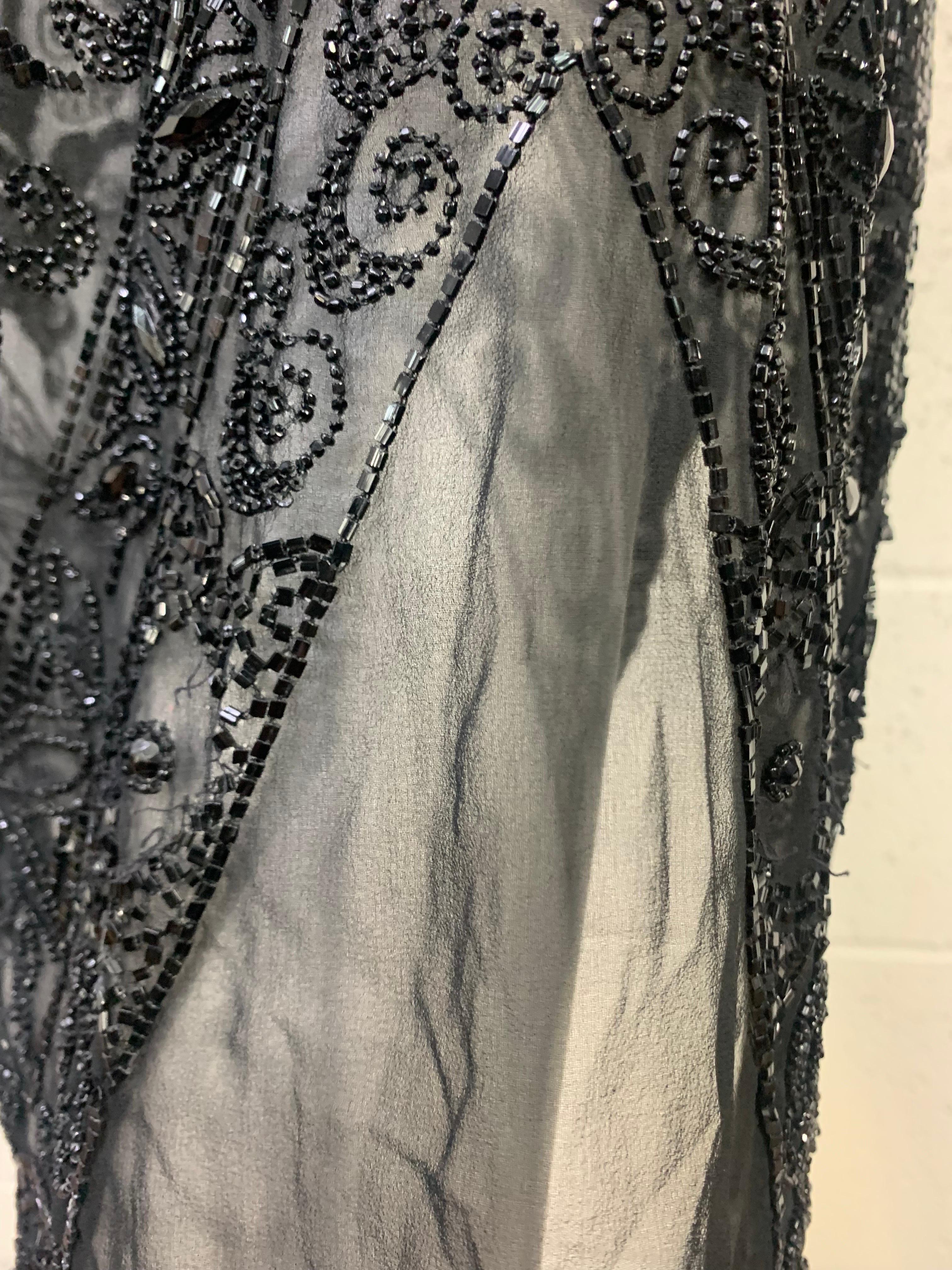 1920s French Jet Beaded Black Silk Chiffon Tunic Gown  For Sale 11