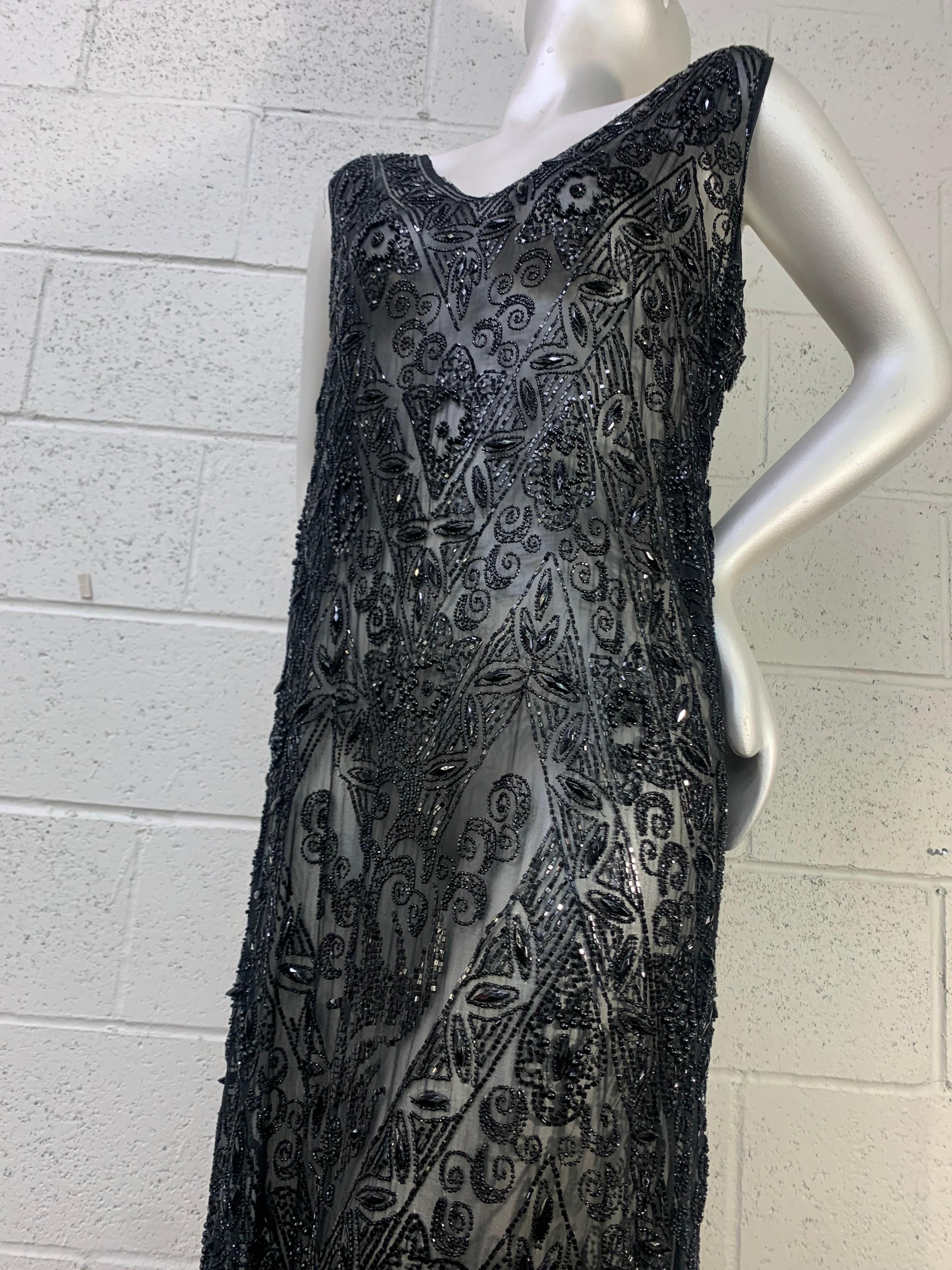 1920s French Jet Beaded Black Silk Chiffon Tunic Gown In Excellent Condition For Sale In Gresham, OR