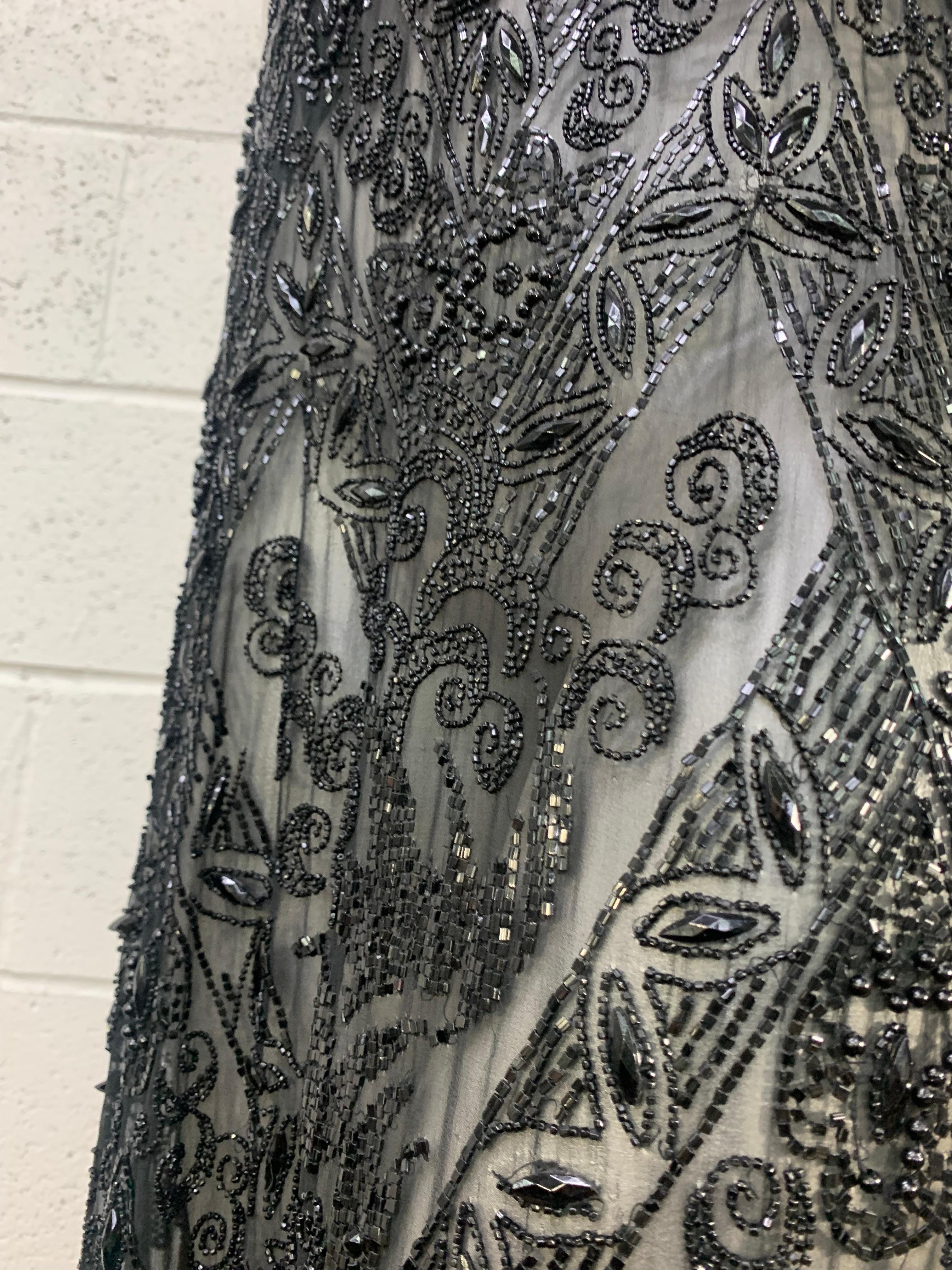 Women's 1920s French Jet Beaded Black Silk Chiffon Tunic Gown For Sale
