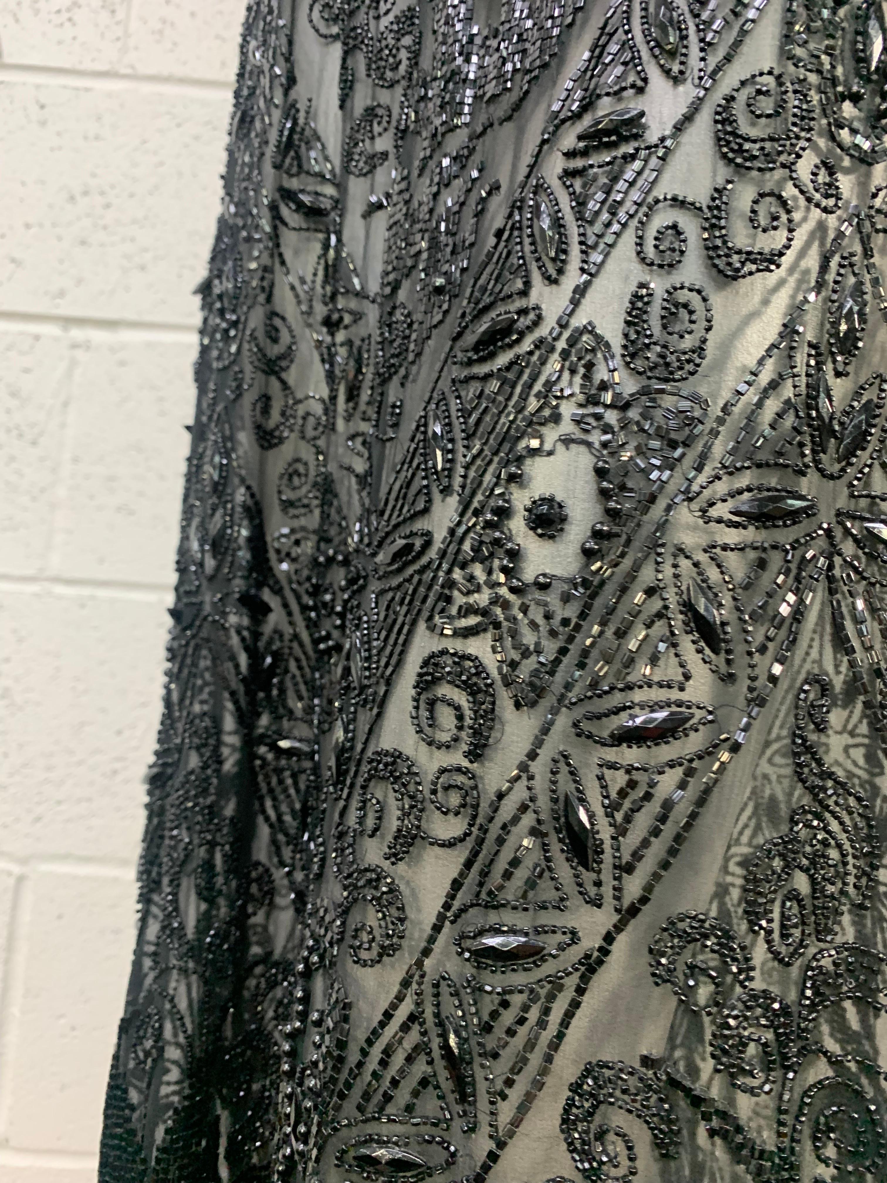 1920s French Jet Beaded Black Silk Chiffon Tunic Gown For Sale 1