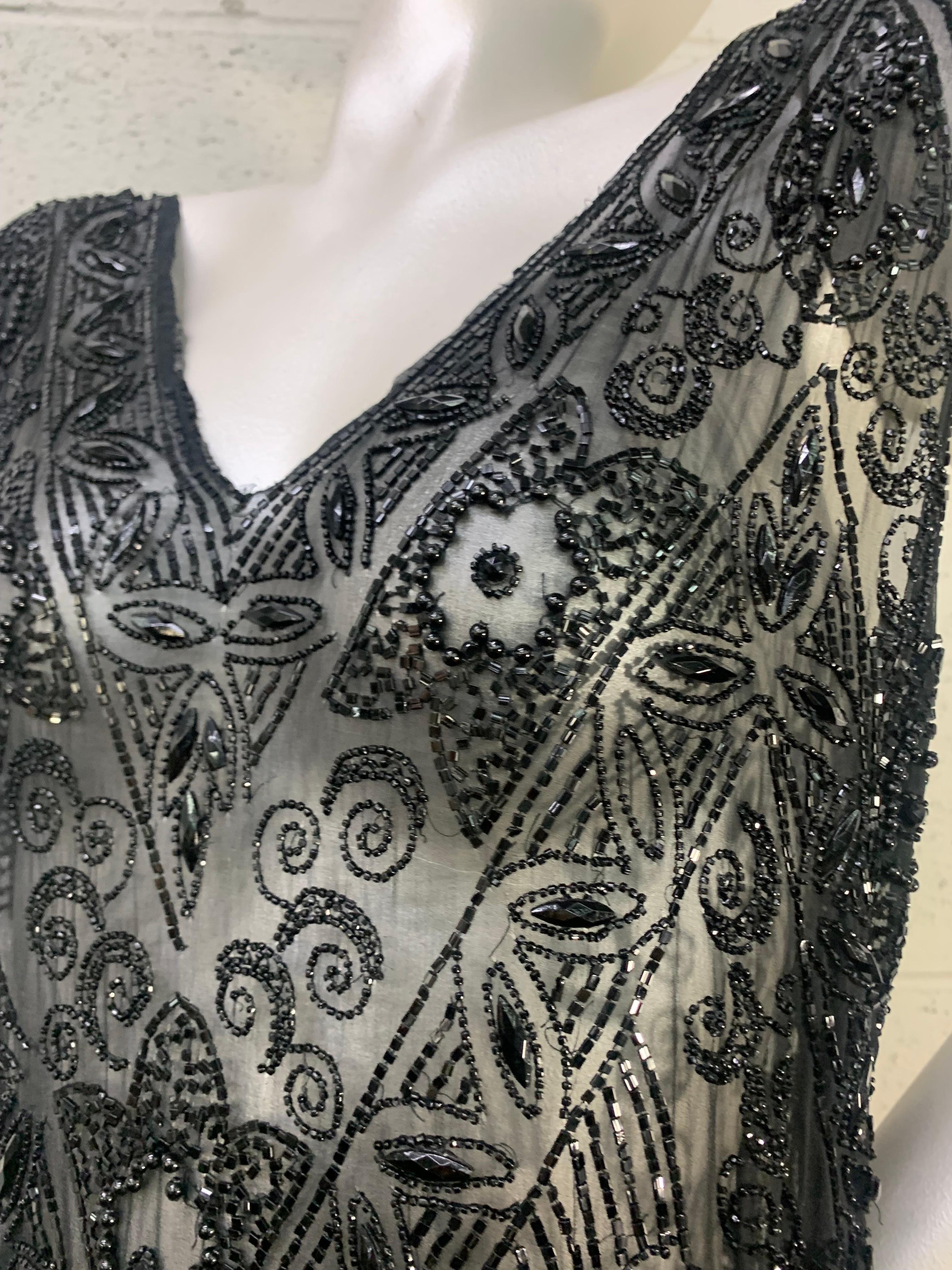 1920s French Jet Beaded Black Silk Chiffon Tunic Gown For Sale 3
