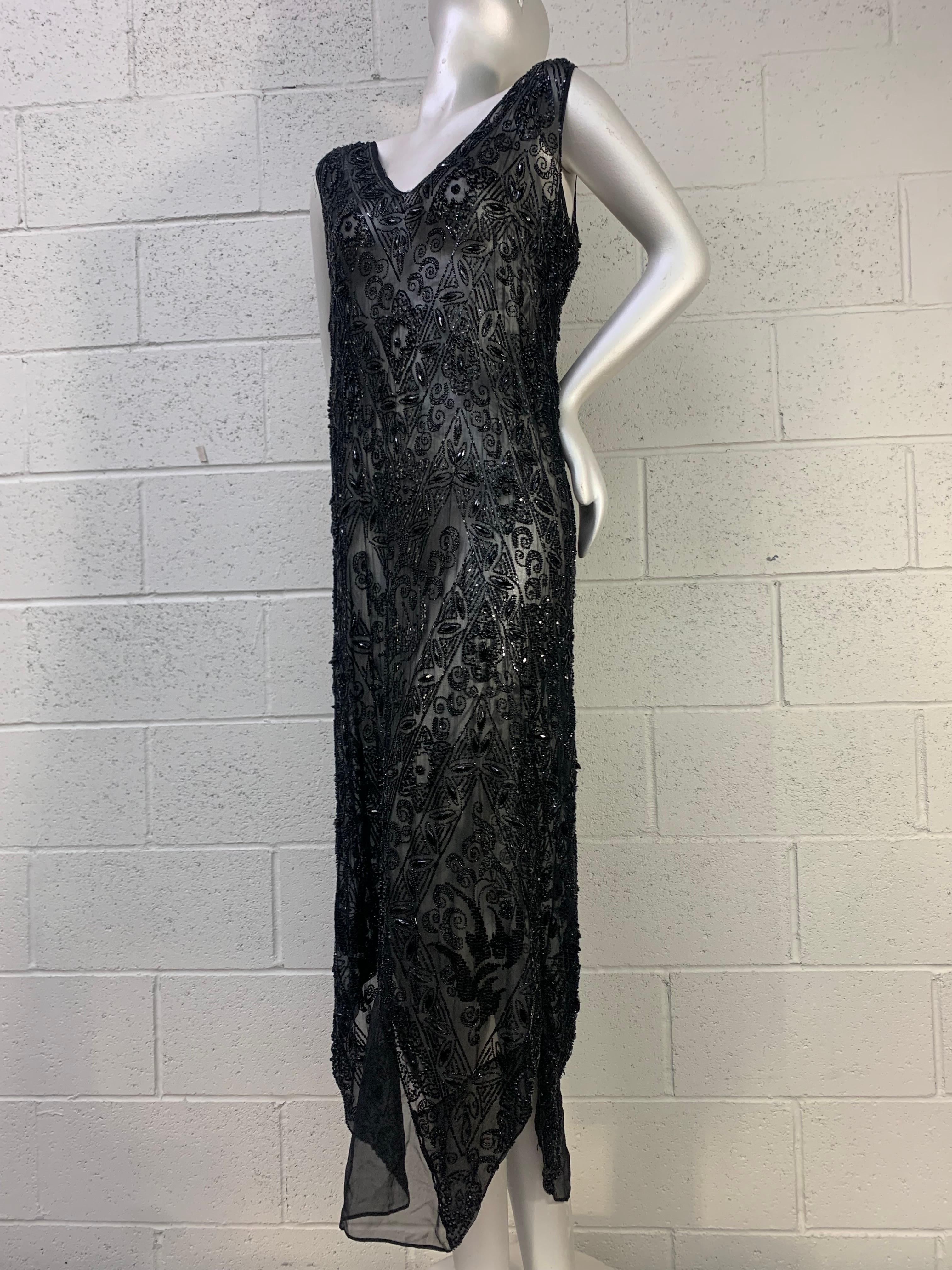 1920s French Jet Beaded Black Silk Chiffon Tunic Gown  For Sale 4