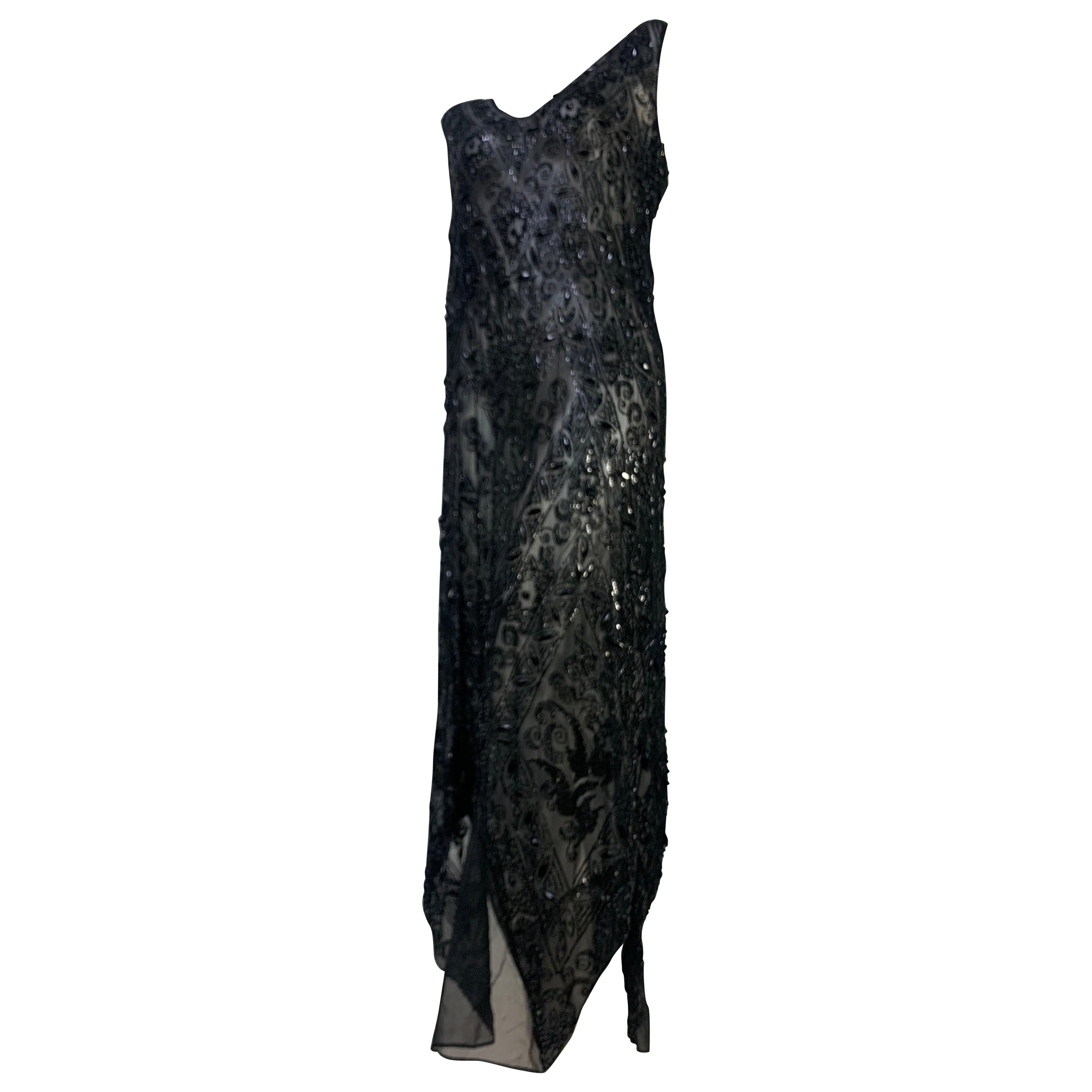Robe tunique en mousseline de soie noire perlée de style français des années 1920