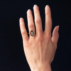 1920s French Limoges Enamel 18 Karat Yellow Gold Chiseled Oval Ring