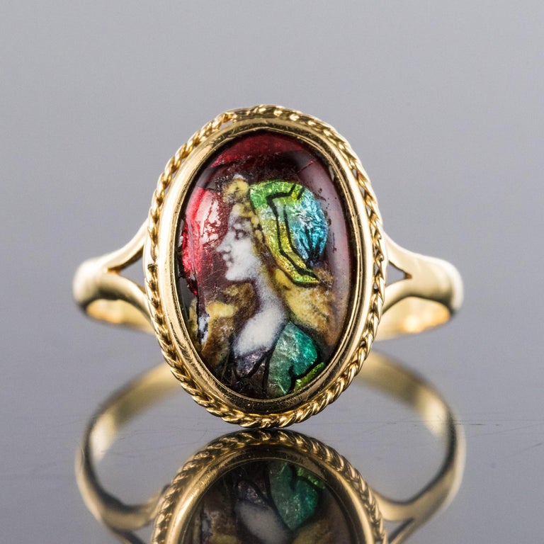 1920s French Limoges Enamel 18 Karat Yellow Gold Chiseled Oval Ring at 1stDibs