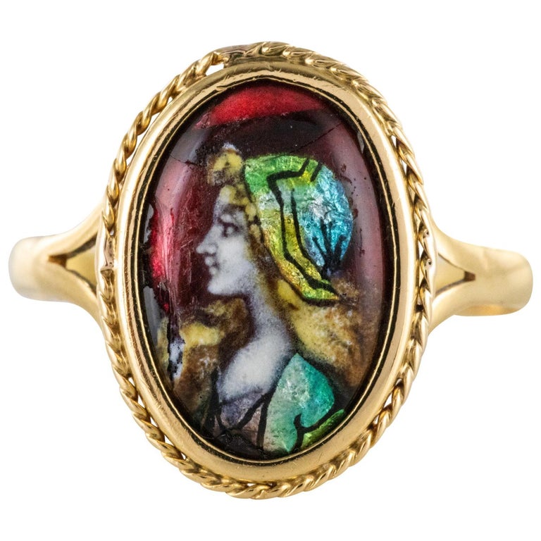 1920s French Limoges Enamel 18 Karat Yellow Gold Chiseled Oval Ring at ...