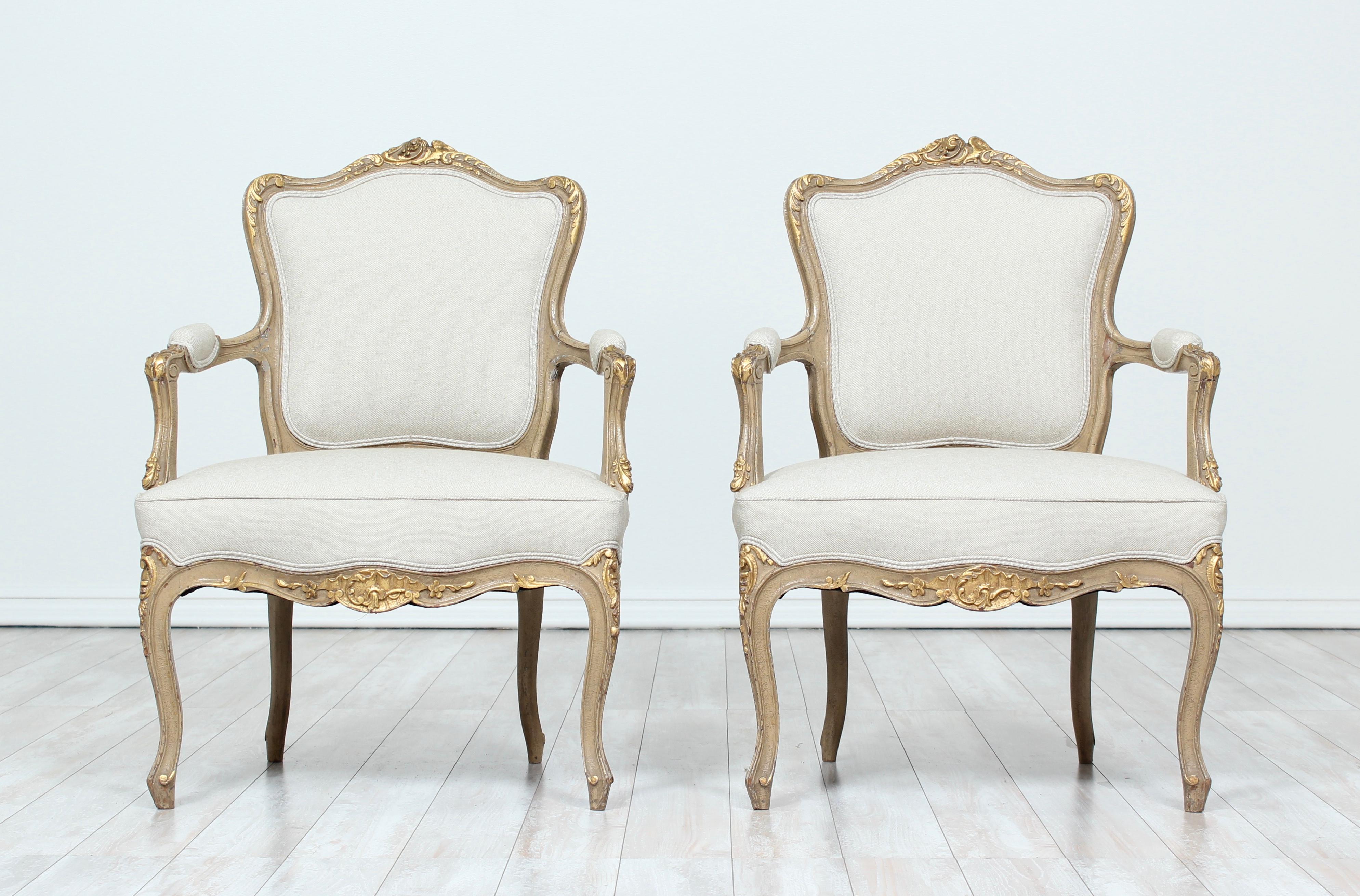 Early 20th Century 1920s French Louis XV Painted and Parcel-Gilt Armchairs, Pair