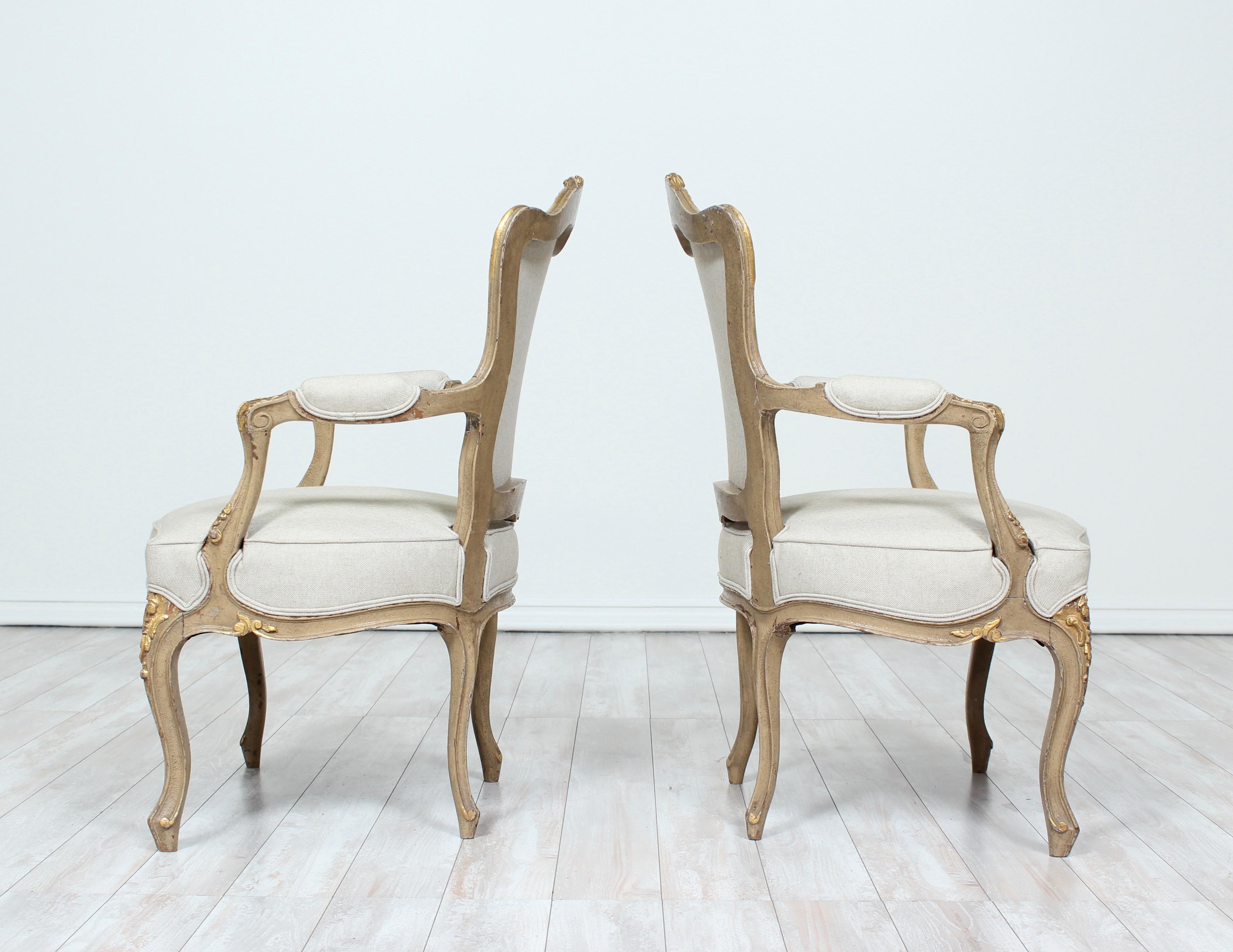 Linen 1920s French Louis XV Painted and Parcel-Gilt Armchairs, Pair