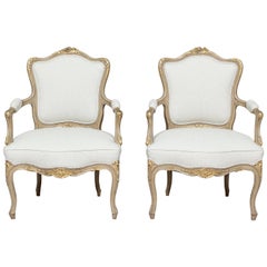 Antique 1920s French Louis XV Painted and Parcel-Gilt Armchairs, Pair