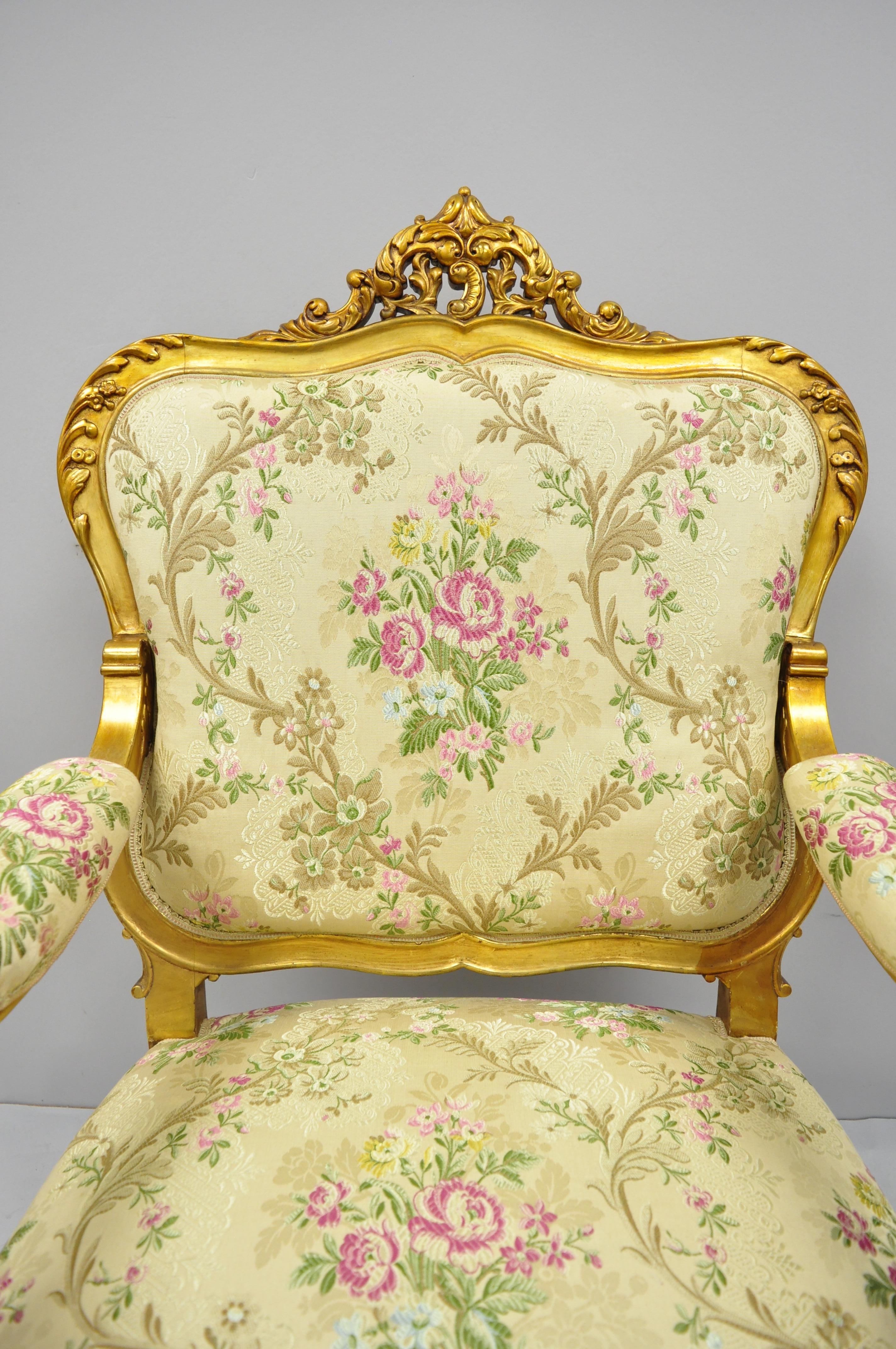 1920s French Louis XV Rococo Style Gold Gilt Parlor Chair Armchair 1