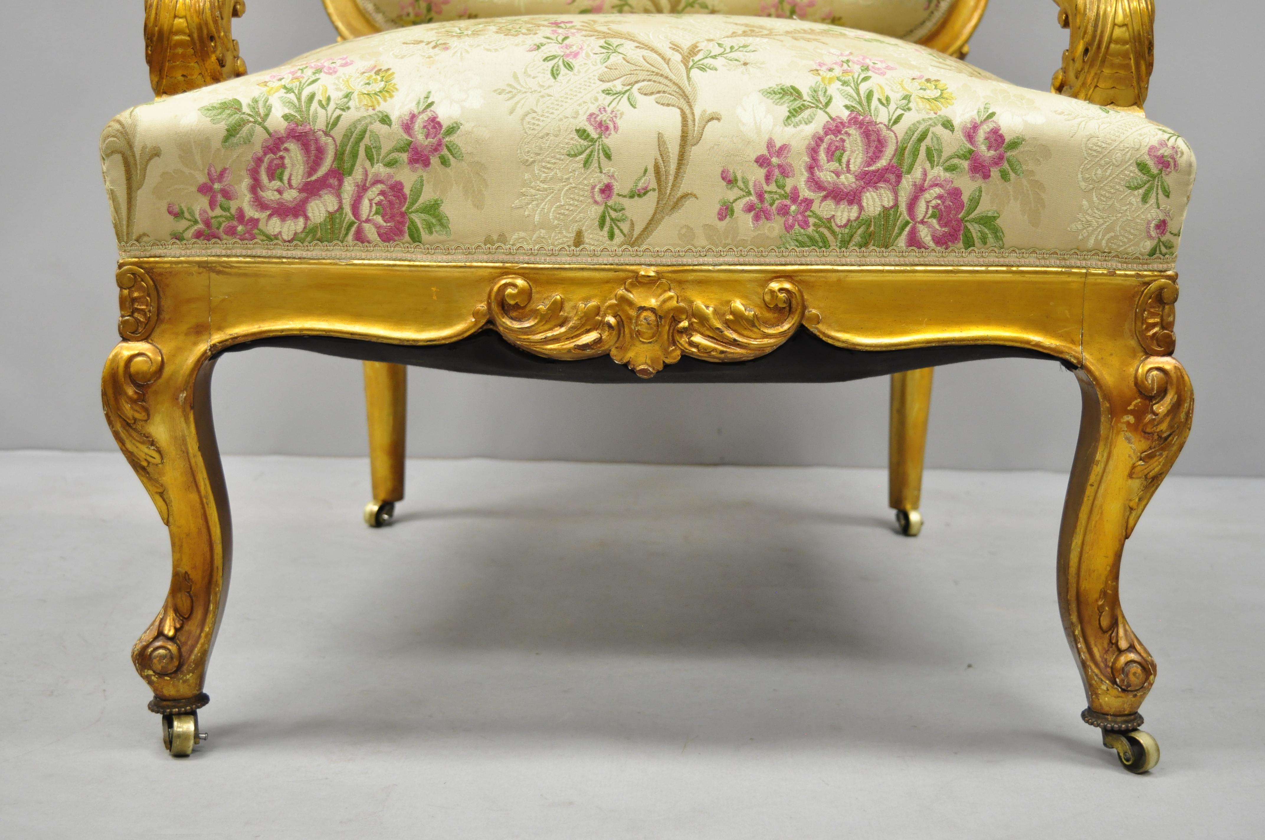 European 1920s French Louis XV Rococo Style Gold Gilt Parlor Chair Armchair