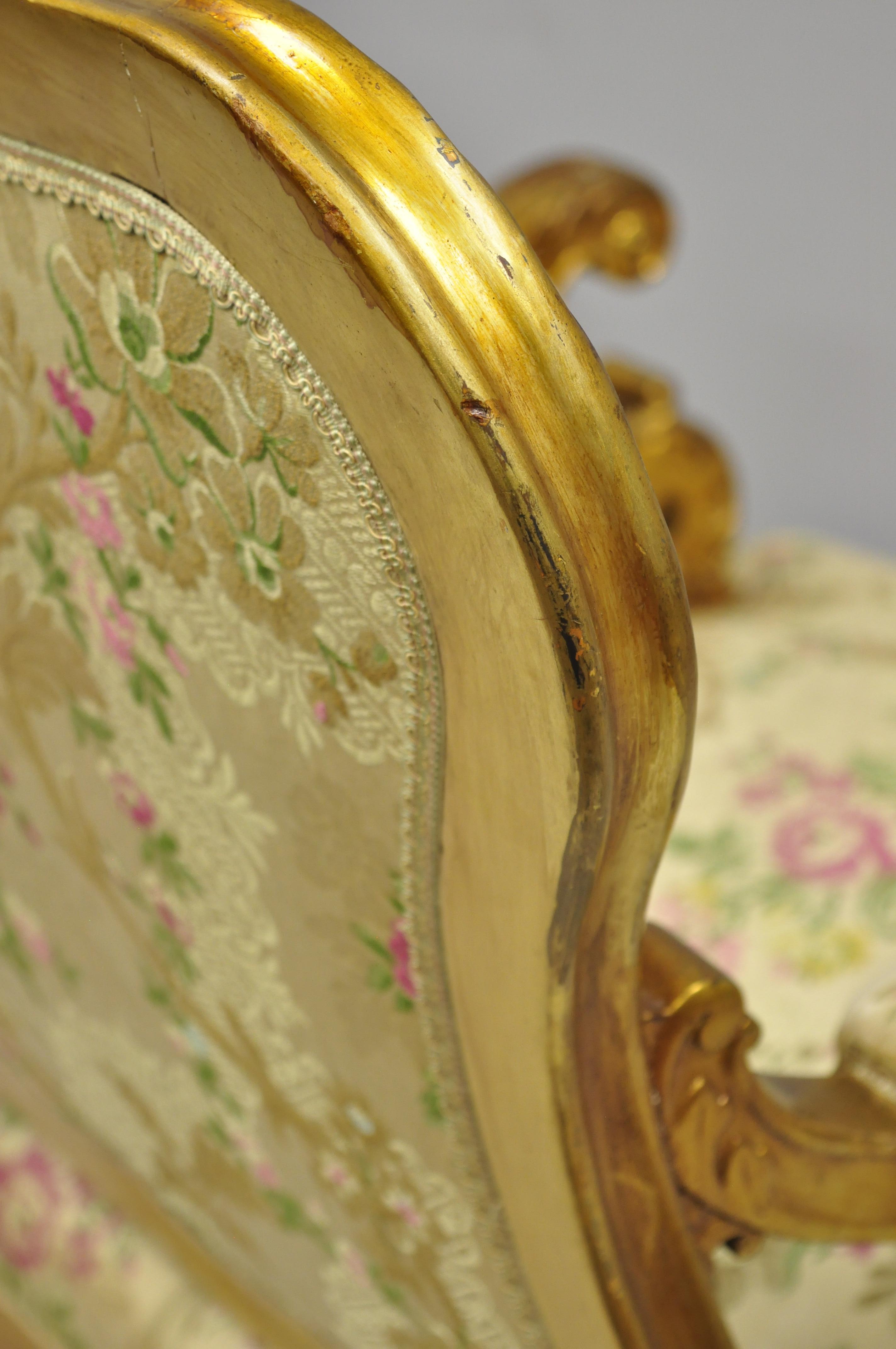 1920s French Louis XV Rococo Style Gold Gilt Parlor Chair Armchair In Good Condition In Philadelphia, PA