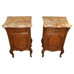1920's French Louis XV Style Marble Top Walnut End Table Nightstands