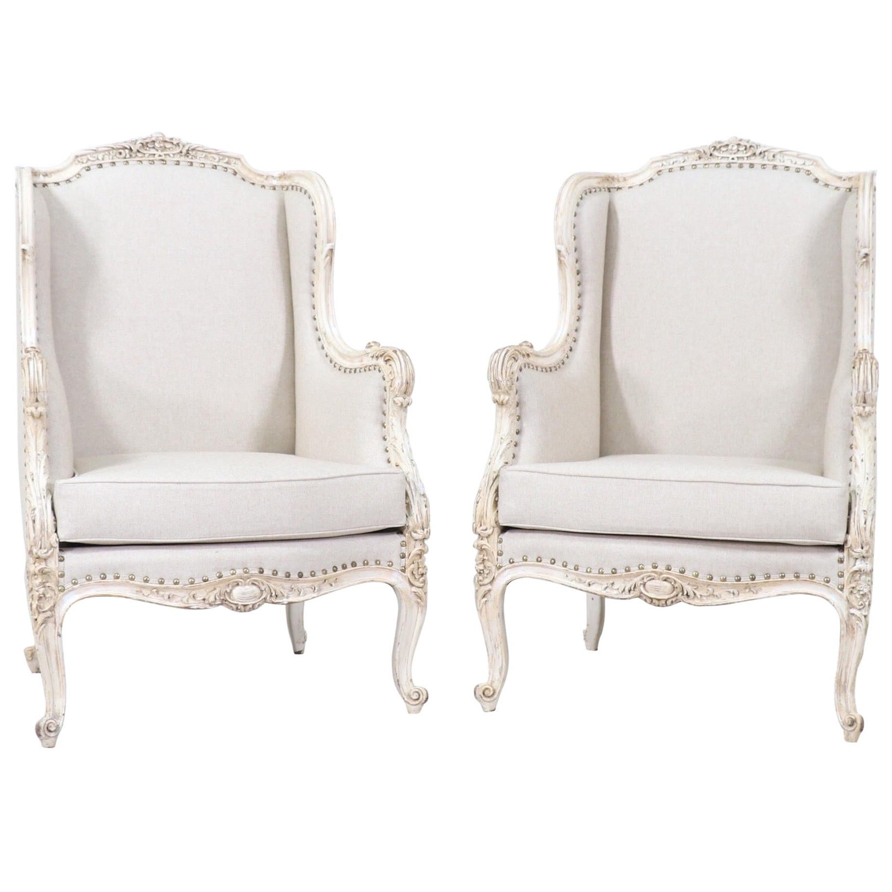 1920s French Louis XV-Style Painted and Carved Bergeres Chairs