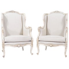 1920s French Louis XV-Style Painted and Carved Bergeres Chairs