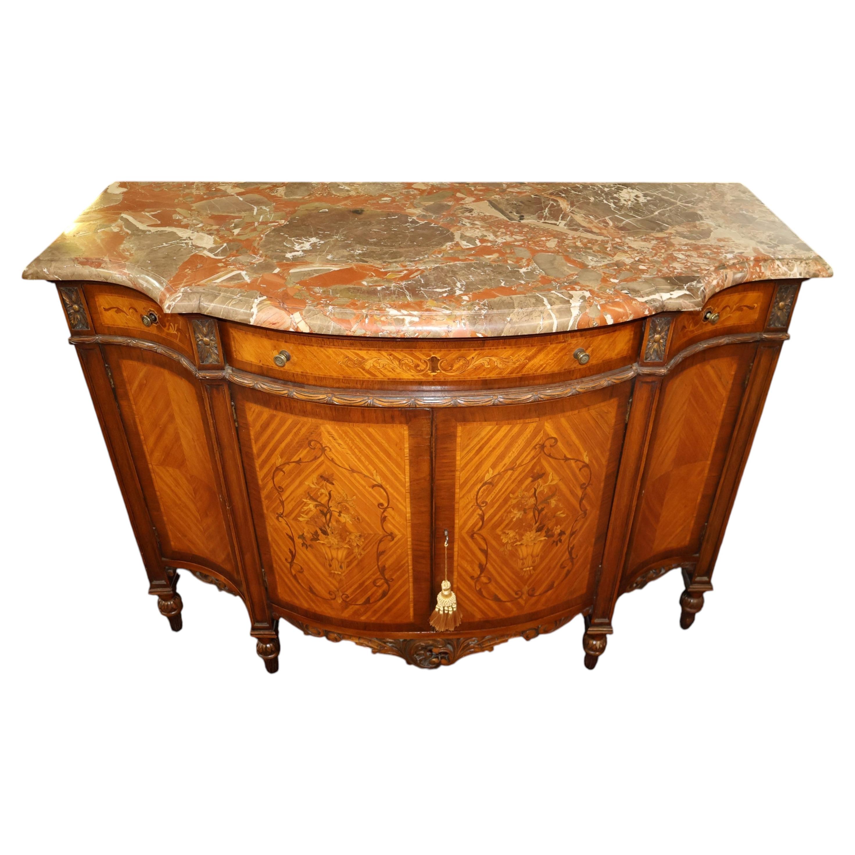 1920's French Louis XVI Style Marble Top Satinwood Inlaid Chest Dresser Commode