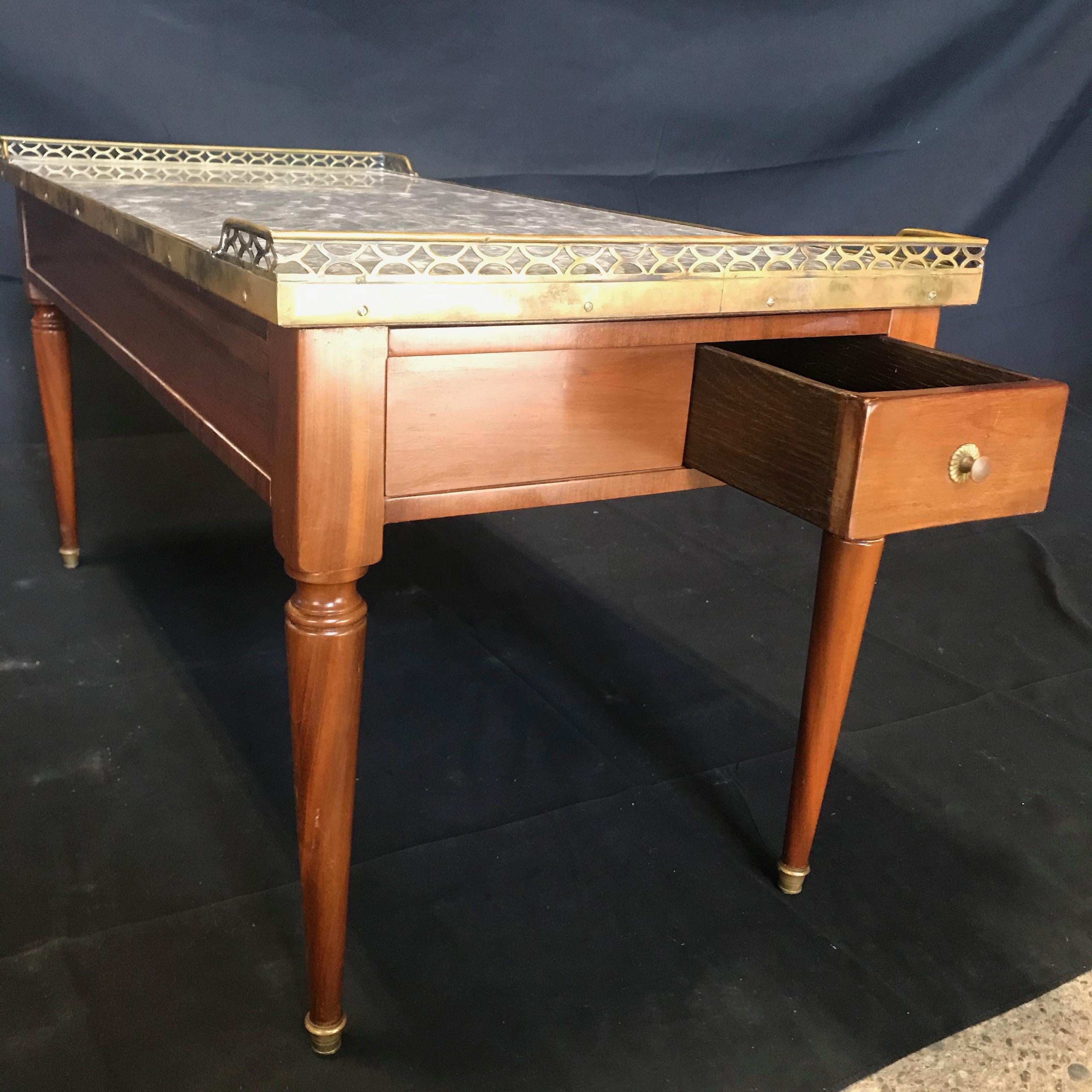 1920s French Louis XVI Style Walnut and Marble Coffee Table In Good Condition In Hopewell, NJ