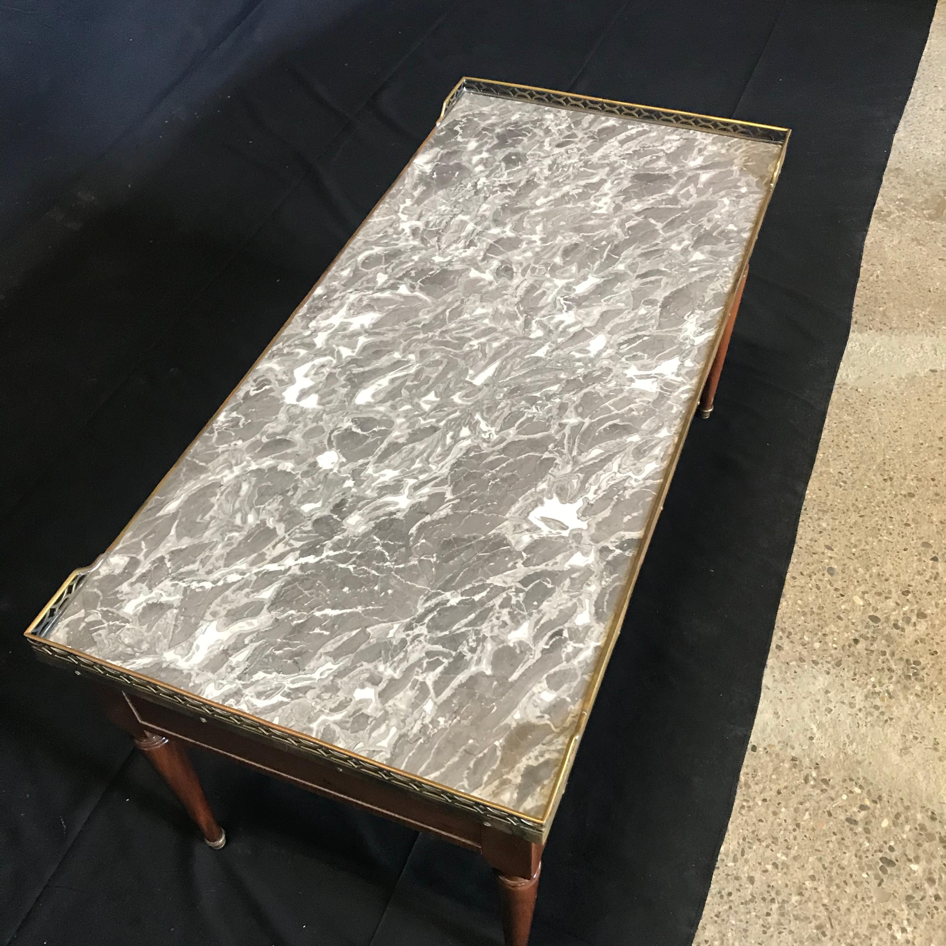 Brass 1920s French Louis XVI Style Walnut and Marble Coffee Table